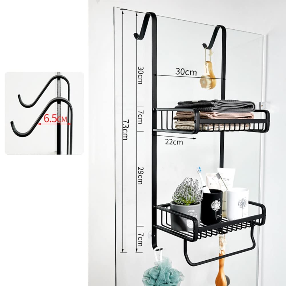 Over The Door Hanging Organizer - Heavy Duty Spice Rack Shelf with Hooks & Towel Bar for Bathroom, Kitchen, Pantry - Space Saving Storage Solution (Black, 2 Baskets, 30cm) - Perfect for Small Spaces, Apartments & Dorm Rooms