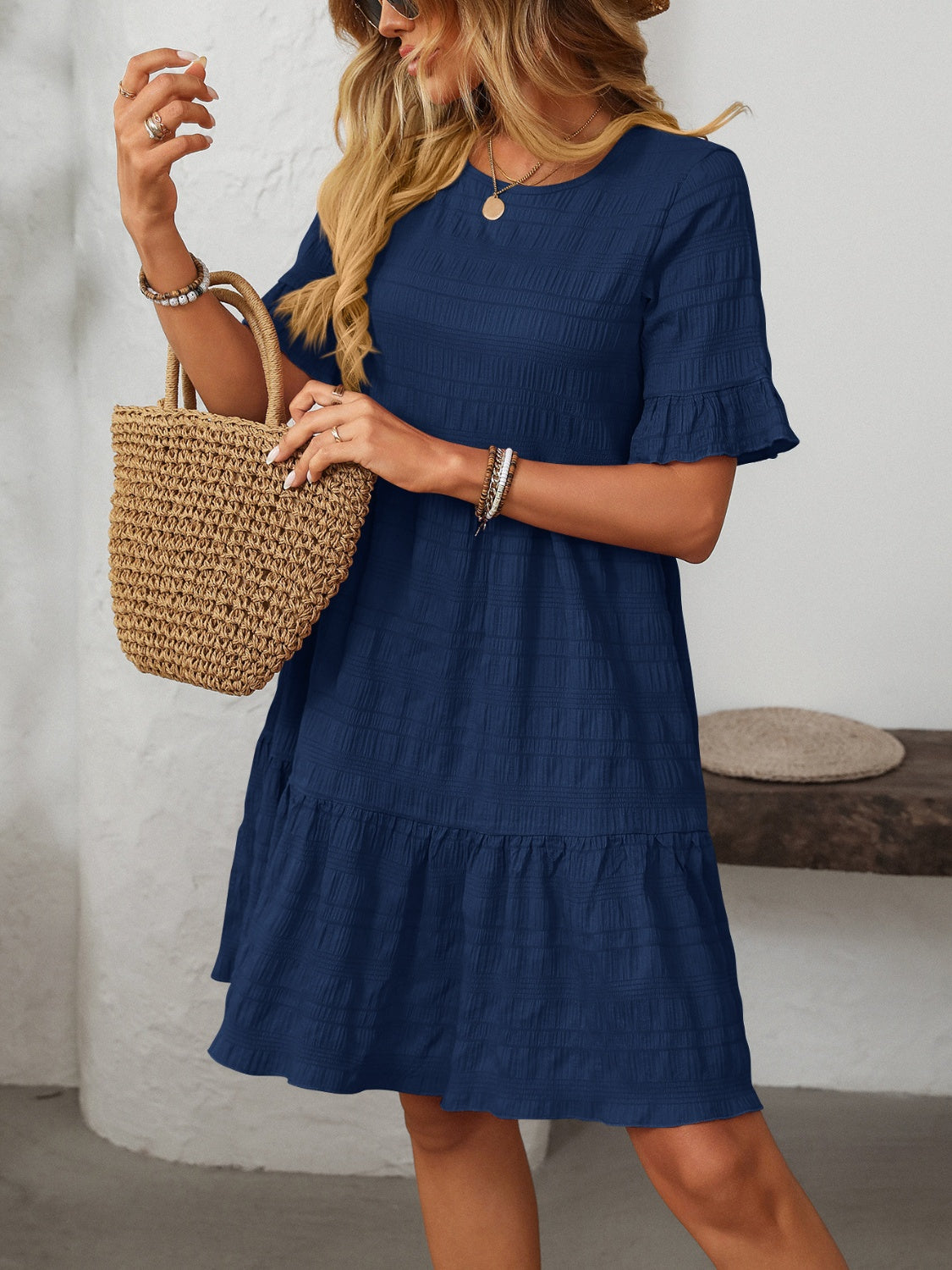 Mandy Women's Ruffled Ruched Round Neck Half Sleeve Casual Dress for Summer, Party, and Date Night