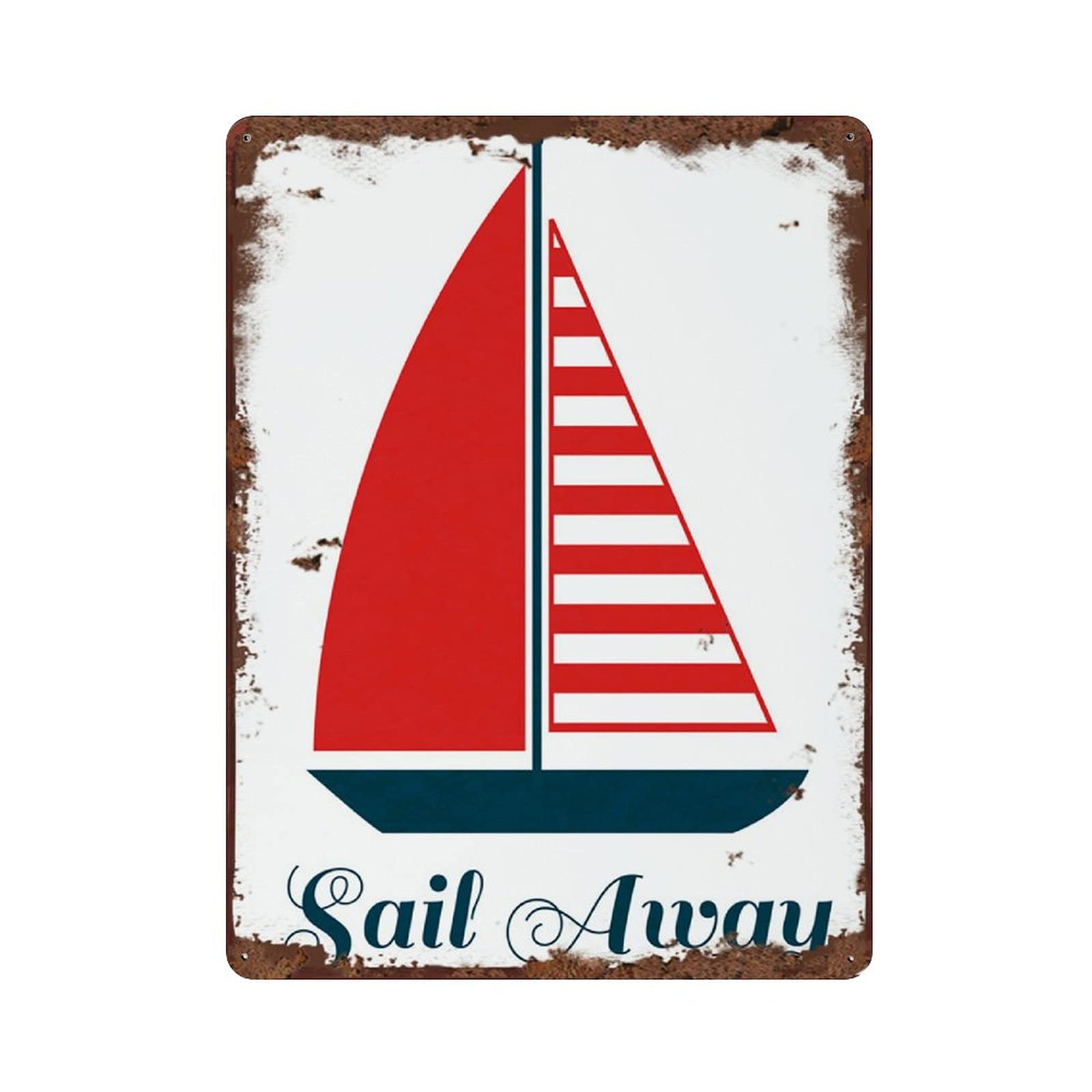 Graman Nautical Sail Away Wall Sign - 8x5.5 Inch Red White Blue Metal Sailboat Decor for Beach House, Coastal & Home Decor - Perfect for Living Room, Bedroom, or Porch Wall Art