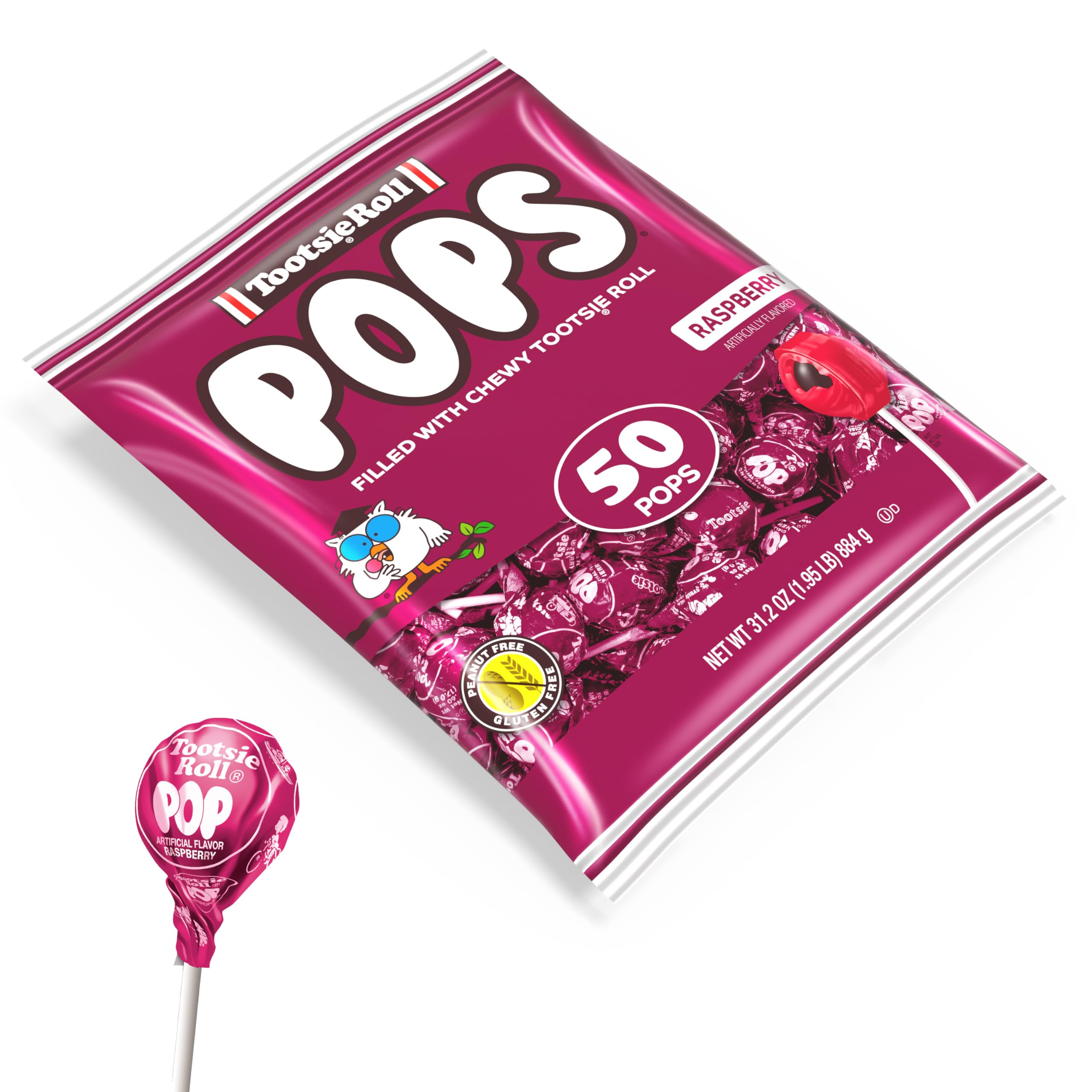 Tootsie Pops Raspberry Flavored Lollipops with Chocolate Center - 50 Individually Wrapped Hard Candies (Peanut Free, Gluten Free) - Perfect for Halloween Treats, Party Favors & Office Snacks
