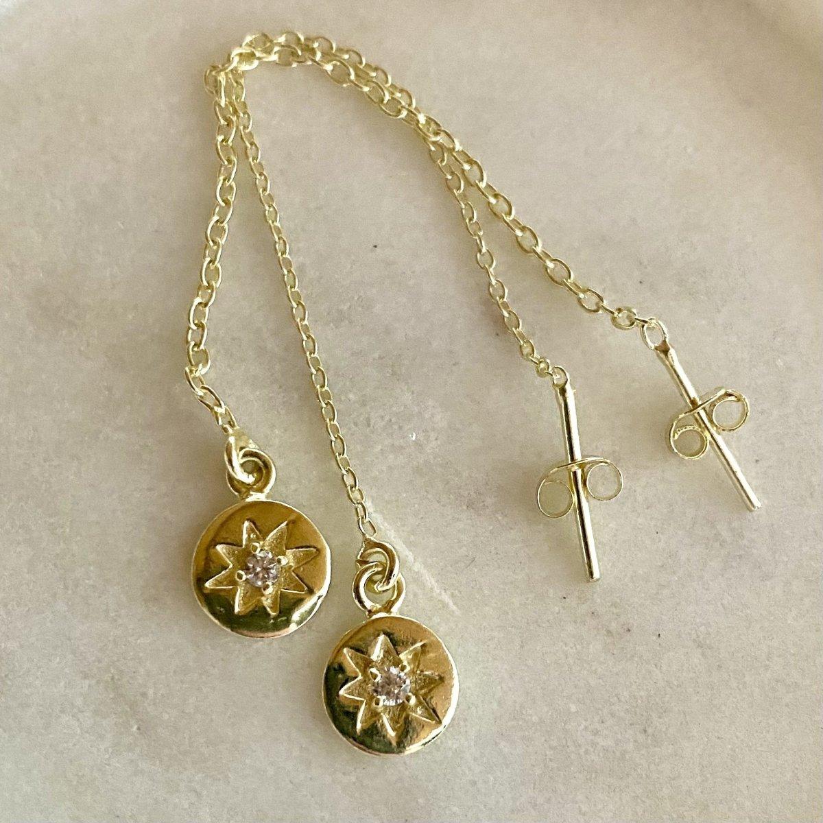 Laihas Prestige Shoot For The Stars Disk Gold Threader Earrings with Genuine Topaz - Elegant Dangle Jewelry for Women, Perfect for Parties, Weddings & Special Occasions
