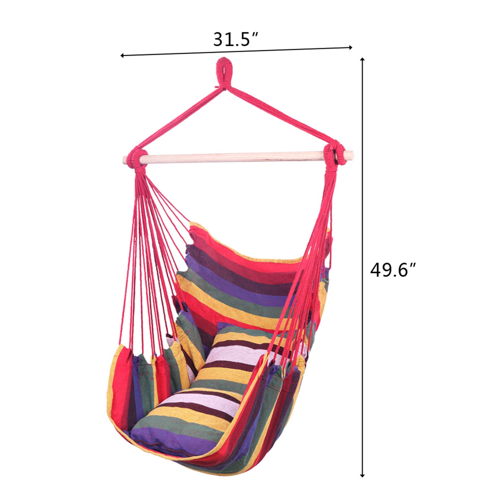 Comfortable Hanging Hammock Chair with 2 Pillows - Durable Rope Swing Seat for Indoor & Outdoor Use - Perfect for Bedroom, Patio, Yard, Porch, Deck, Garden Relaxation (Red Stripe Design)