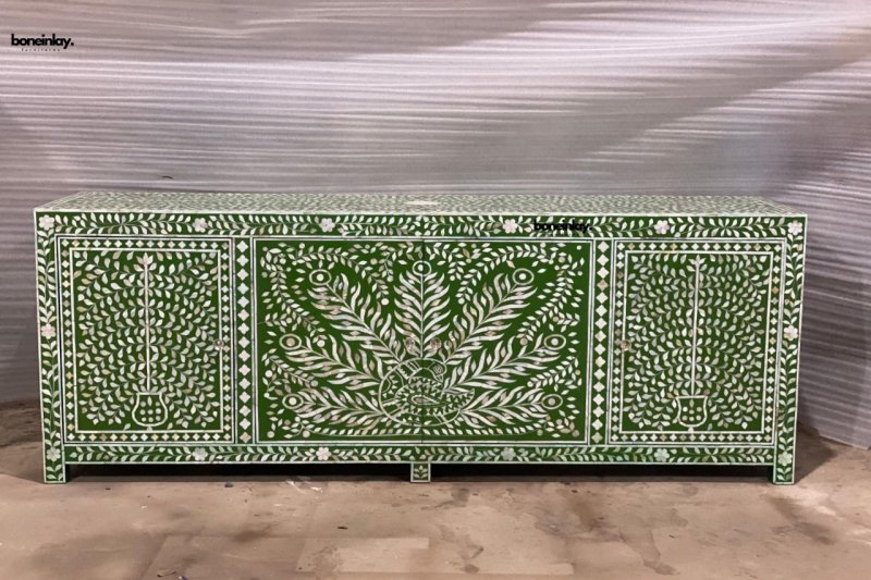 Handmade Mother of Pearl Indian Sideboard Cabinet - Vintage Boho Decor for Living Room, Bedroom & Dining Room | Unique Storage Furniture with Inlaid Shell Design