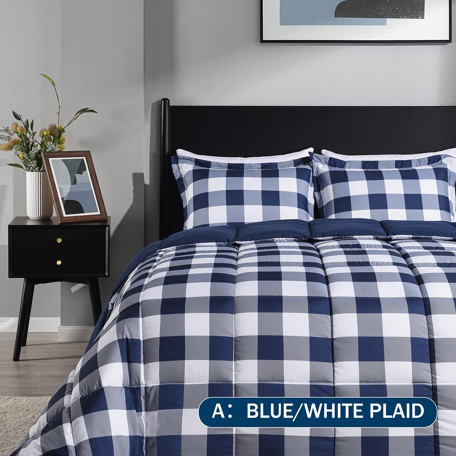 Downluxe Lightweight Plaid Comforter Set Queen Size - 3-Piece Reversible Down Alternative Bedding with 2 Pillow Shams - Blue & White Checkered Design - Perfect for Cozy Bedrooms, Guest Rooms & Dorm Decor