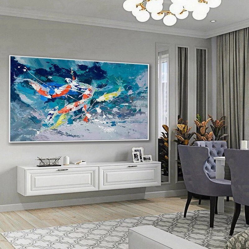 Koi Fish Dance Wall Art - Handmade Japanese Koi Painting for Home & Office Decor | Perfect for Living Room, Bedroom, or Zen Garden