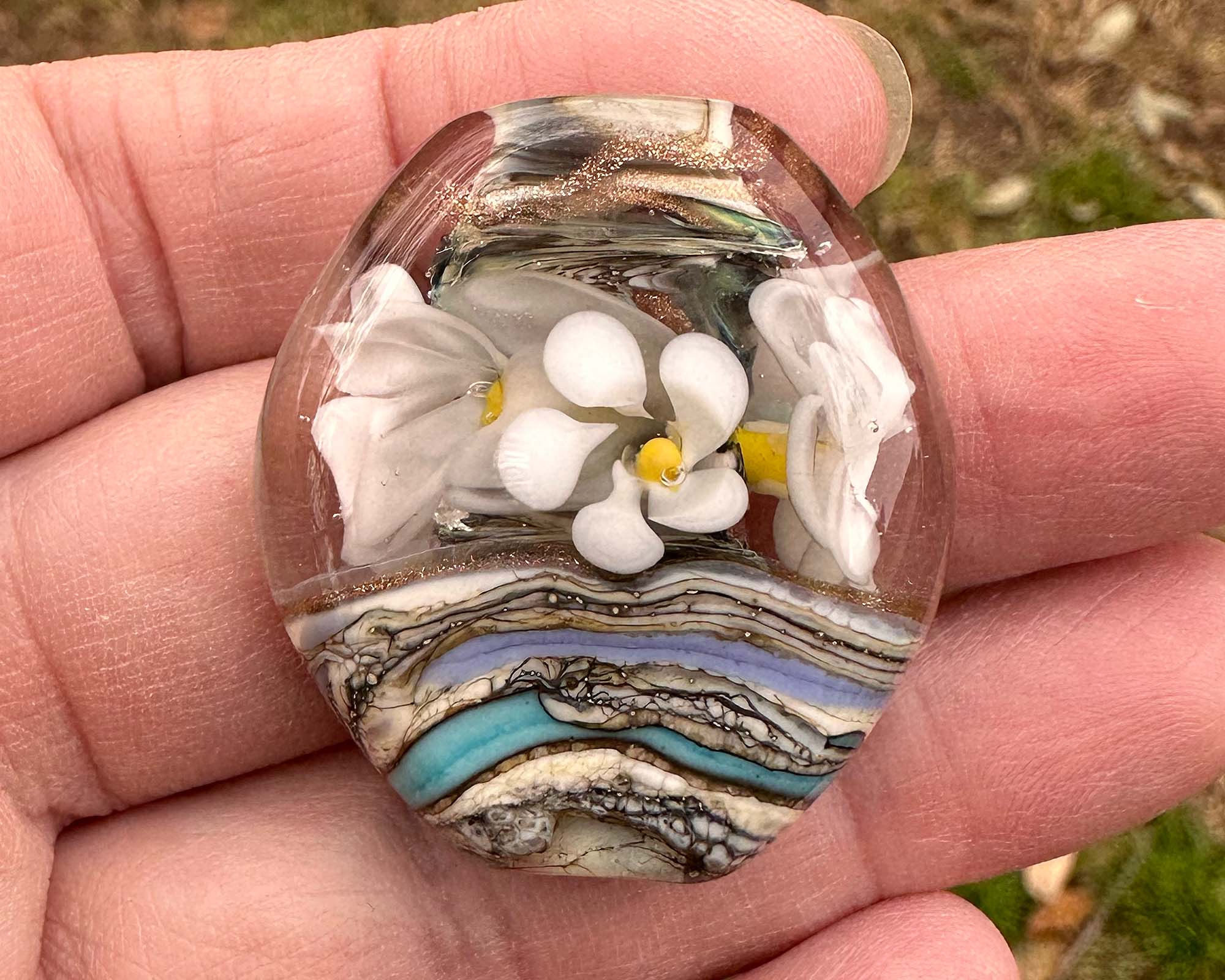 Handmade White Floral Organic Lampwork Glass Focal Bead for Jewelry Making - Perfect for Necklaces, Bracelets, and DIY Crafts