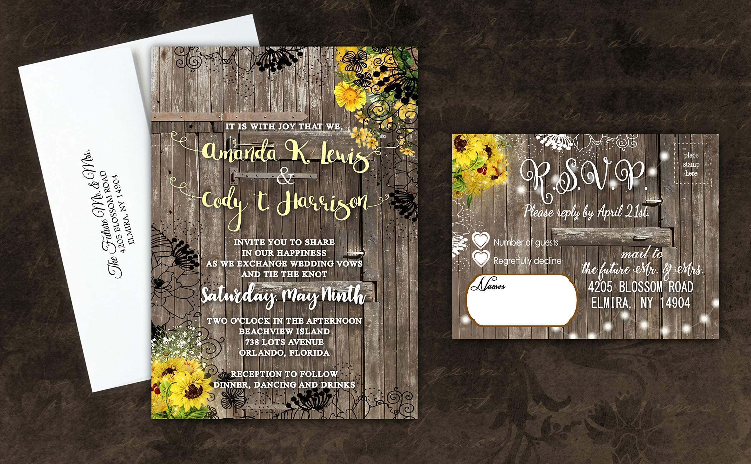 Custom Sunflower Rustic Wedding Invitation Set - 50 Personalized Yellow & Black Save the Date Cards with RSVP - Perfect for Country, Barn, and Fall Weddings
