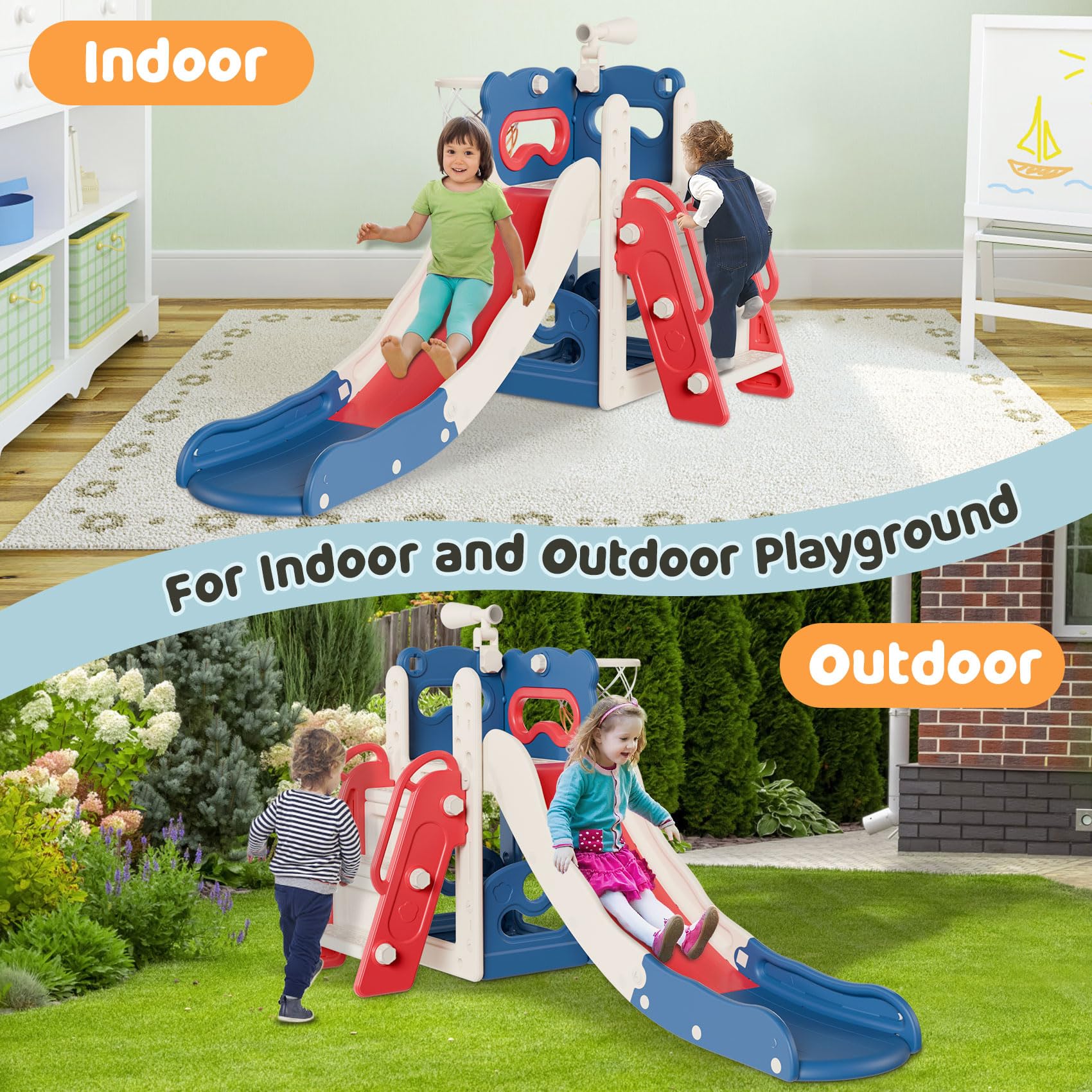 Babytronic 6-in-1 Toddler Slide Playset for Kids Ages 1-3 | Indoor & Outdoor Slide with Basketball Hoop & Telescope | Blue & Red Playground Toy for Backyard, Nursery & Daycare