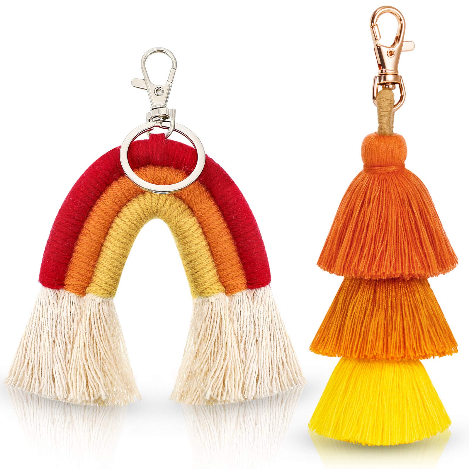 Boho Rainbow Keychains for Women - 2 Pack Macrame Tassel Pom Pom Keychains, Stylish Handbag & Backpack Accessories for Everyday Use