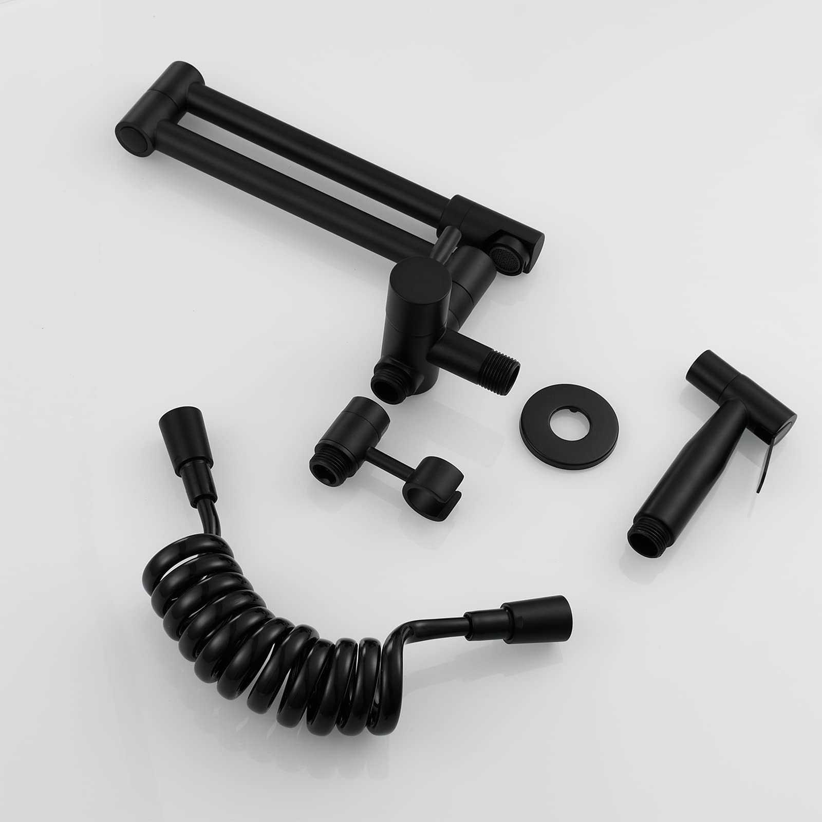 Biveah Brass Black Pot Filler Faucet - Retractable Wall Mount Kitchen Sink Faucet with Side Sprayer & Single Handle (Model KLB002B) - Perfect for Commercial Kitchens & Home Cooking Stations