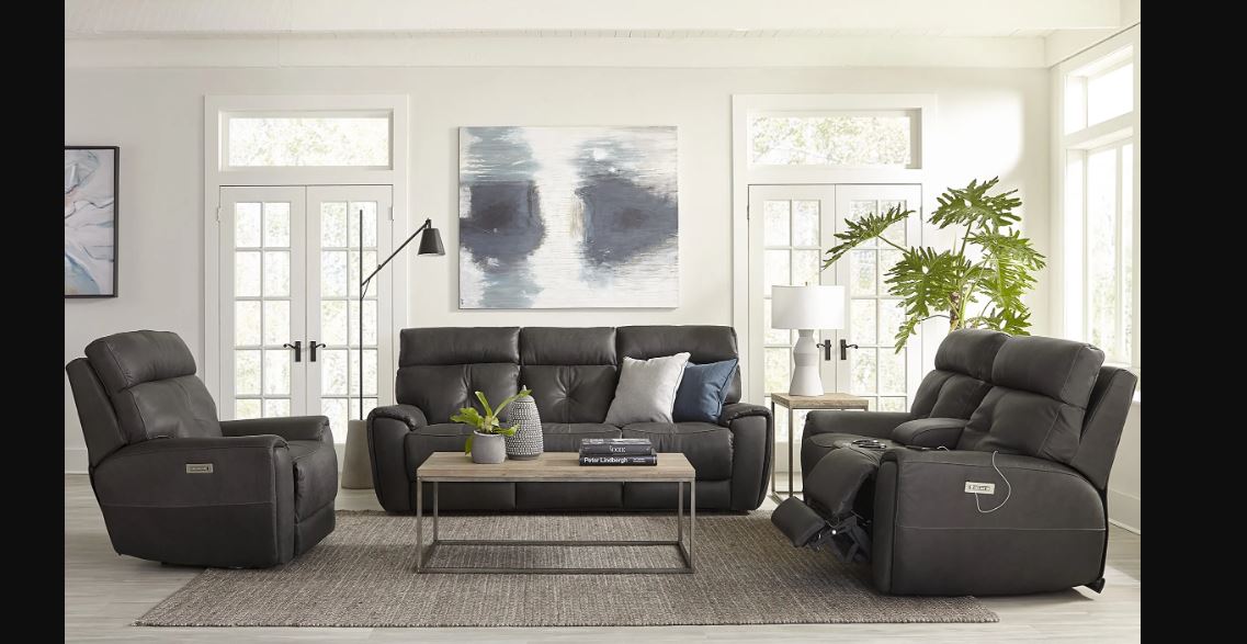 Palliser Aedon Genuine Leather Power Reclining Sofa Set - 3-Seater Living Room Couch with USB Charging Ports | Modern Home Theater & Family Lounge Furniture