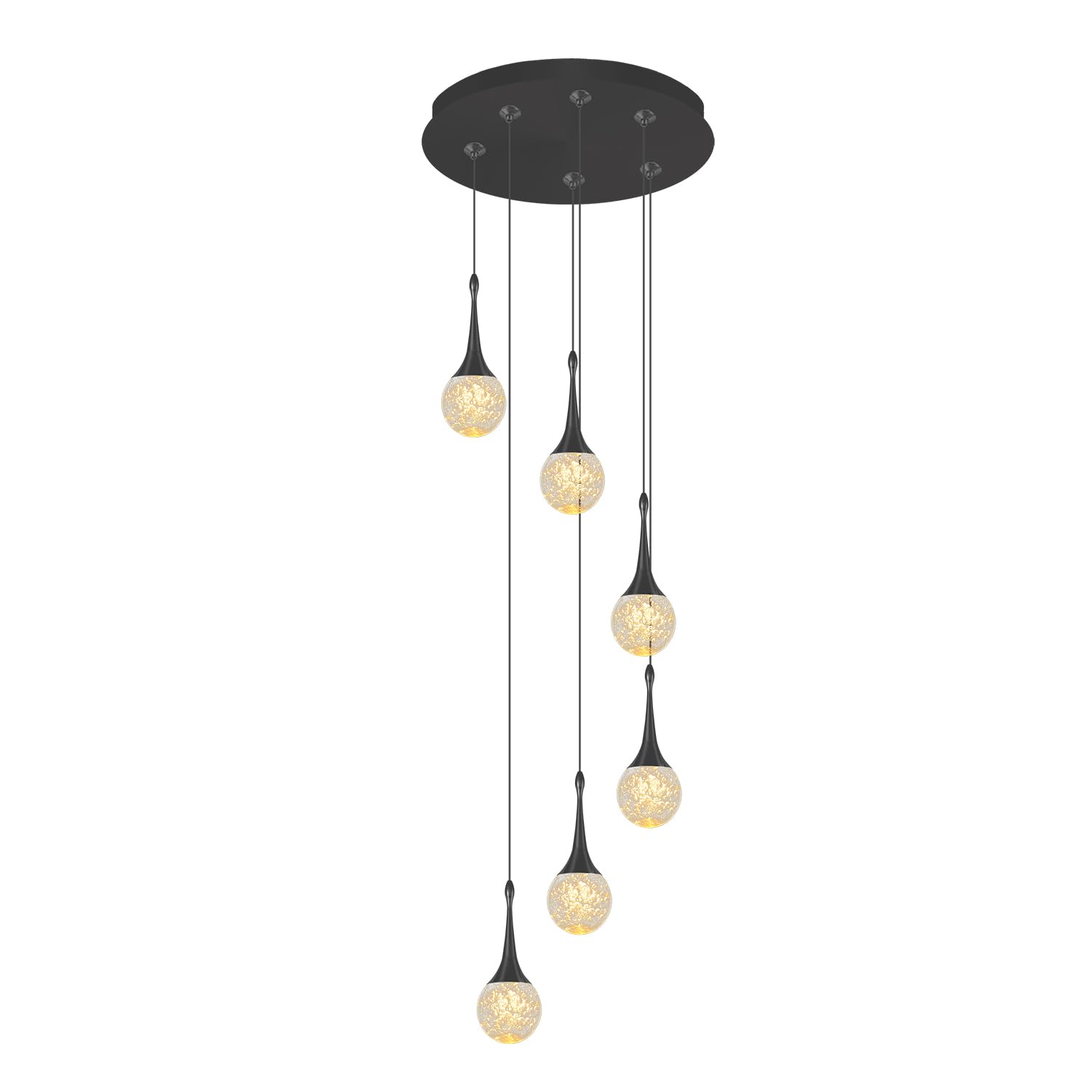 **6-Light Black Crystal Teardrop LED Pendant Chandelier - Dimmable 2700K-6000K for Kitchen Island, Dining Room, Hallway & Stairwell - Modern Flashing God Lighting Fixture**    *(Perfect for creating ambient lighting in open-concept spaces, enhancing dining areas, or adding elegance to entryways and staircases.)*