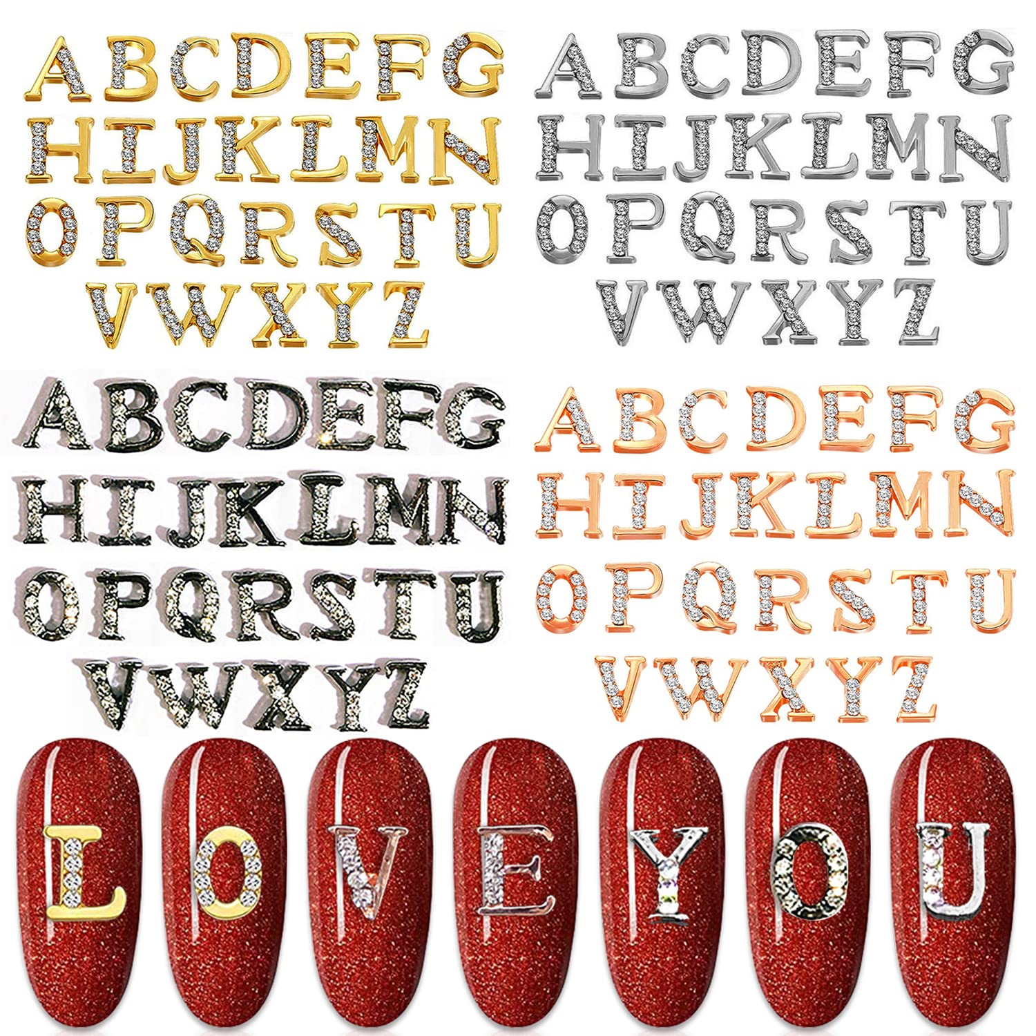 WOKOTO 104Pcs 4 Colors 3D Letter Nail Charms - Gold Rose Gold Silver Black Alphabet Nail Art Gems for Acrylic Nails, DIY Nail Design Jewelry for Women & Girls | Perfect for Manicures, Parties, Gifts & Nail Art Creations