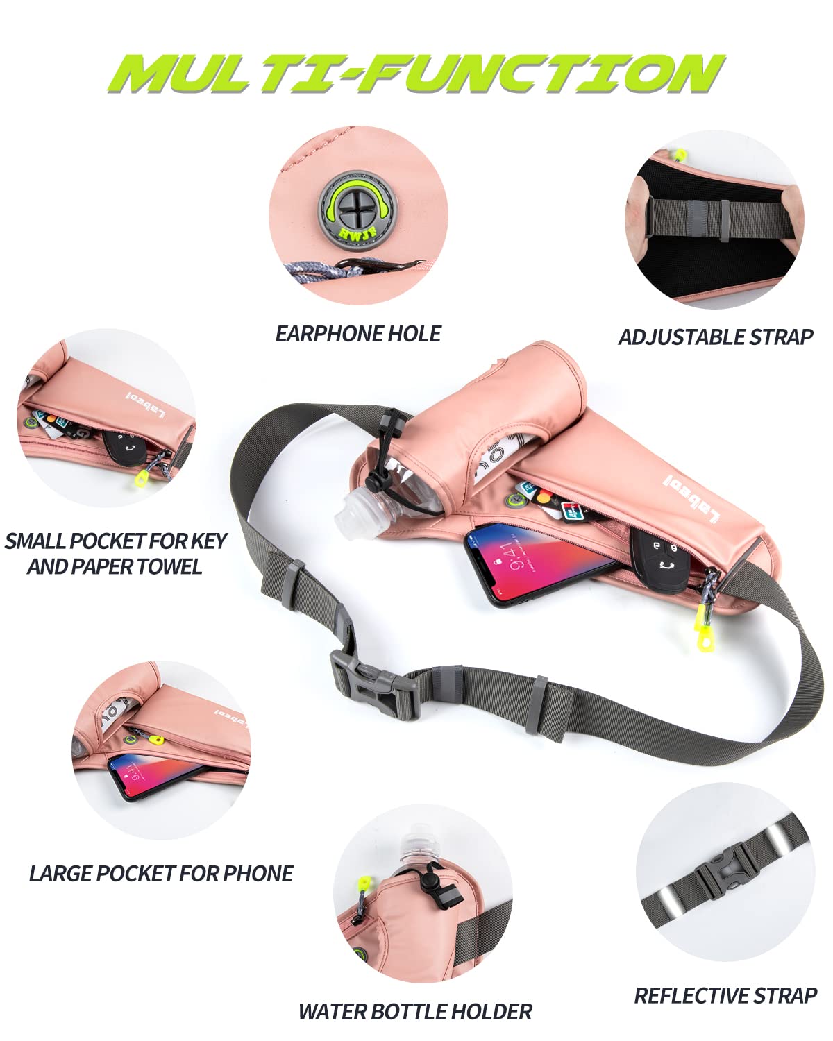 Labeol Adjustable Running Belt with Water Bottles - 2 Zipper Pockets Hydration Waist Pack for Men & Women - Lightweight Fanny Pack for Hiking, Jogging, Gym & Outdoor Activities (Pink)