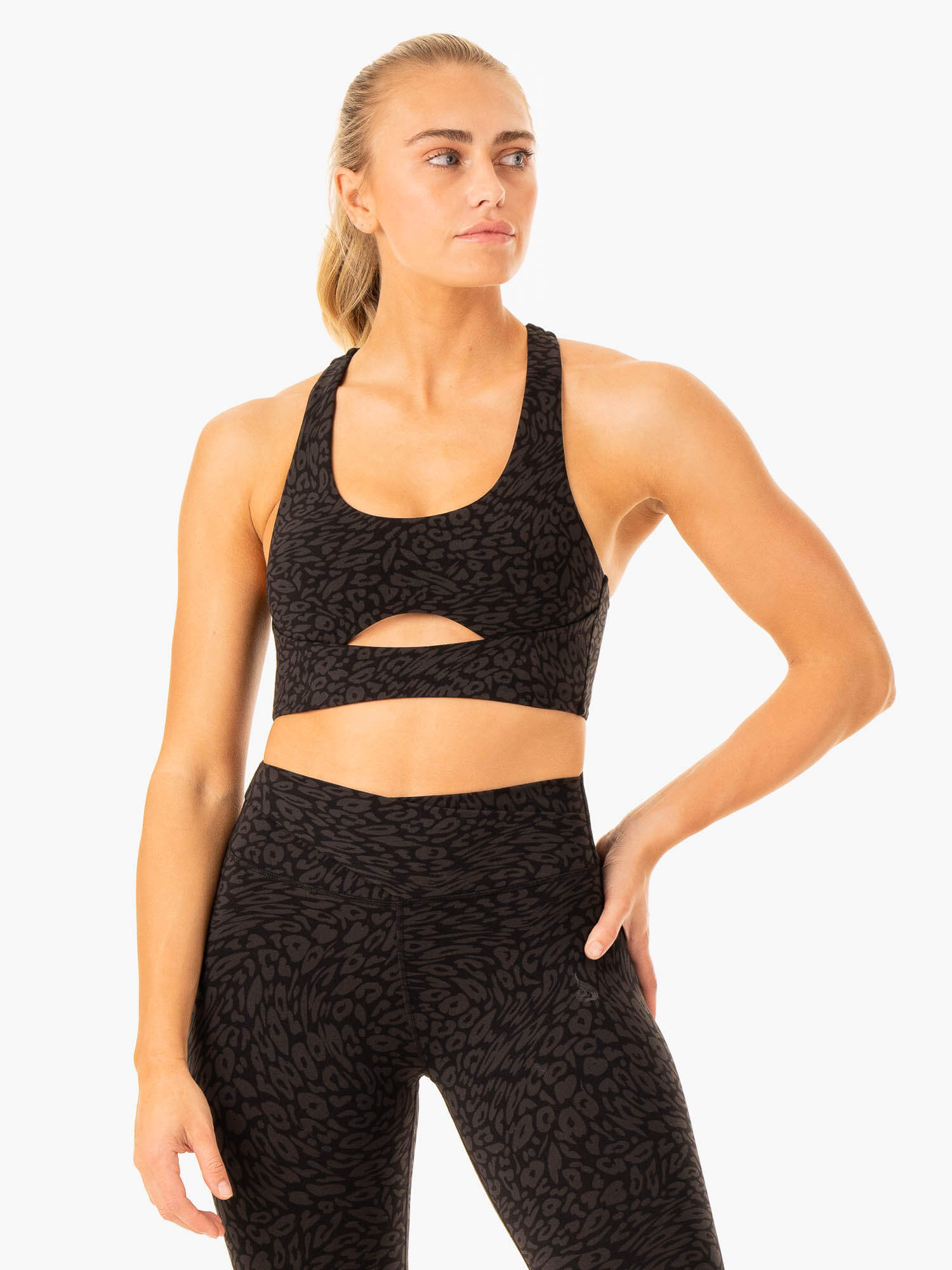 High-Performance Rotation Sports Bra - Black Leopard Print for Yoga, Running & Gym Workouts | Moisture-Wicking & Supportive Activewear