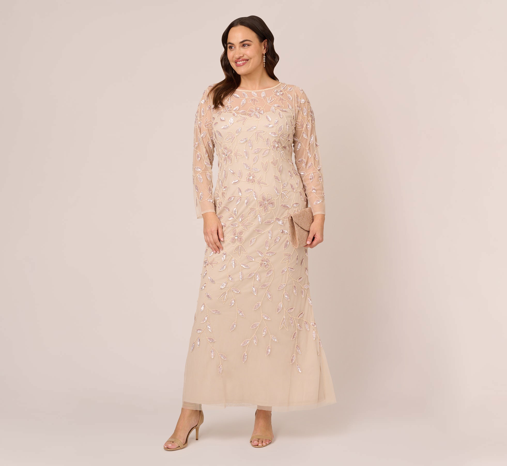 Elegant Plus Size Illusion Floral Beaded Evening Gown with Sheer Long Sleeves in Latte - Perfect for Weddings, Prom, and Formal Events