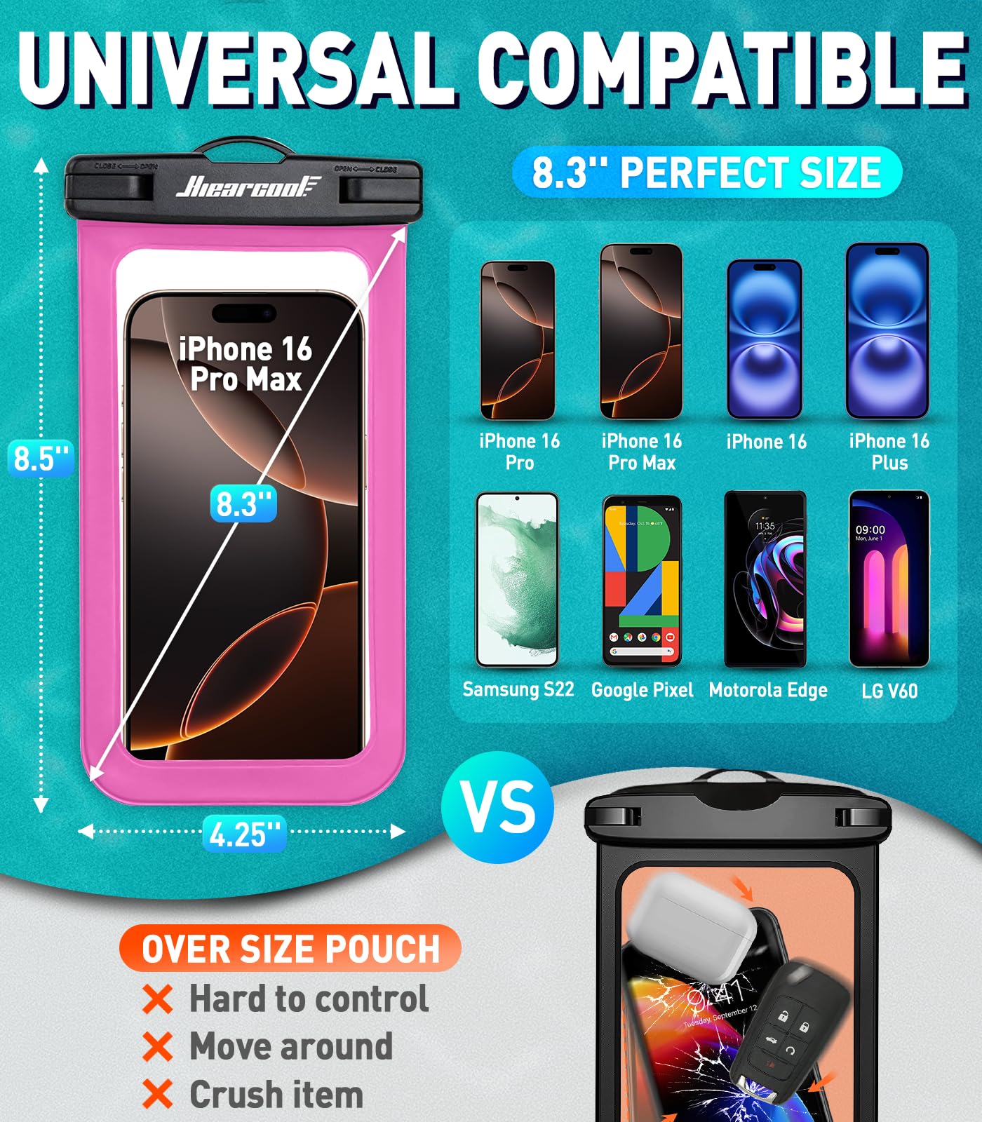 Hiearcool IPX8 Waterproof Phone Pouch for iPhone 16/15/14/13 Pro Max Plus (Up to 8.3