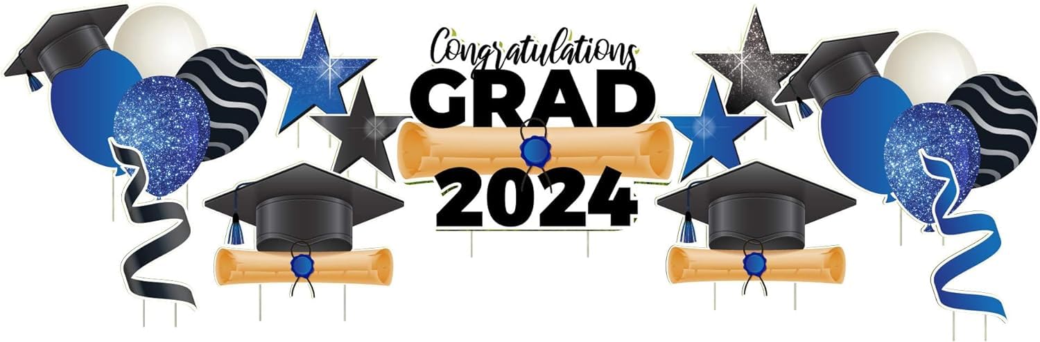 VictoryStore 2024 Graduation Yard Decorations Set - 11 Pc Blue Sparkle Flair with Stakes (19148) for Outdoor Party, Lawn Display & Commencement Celebrations