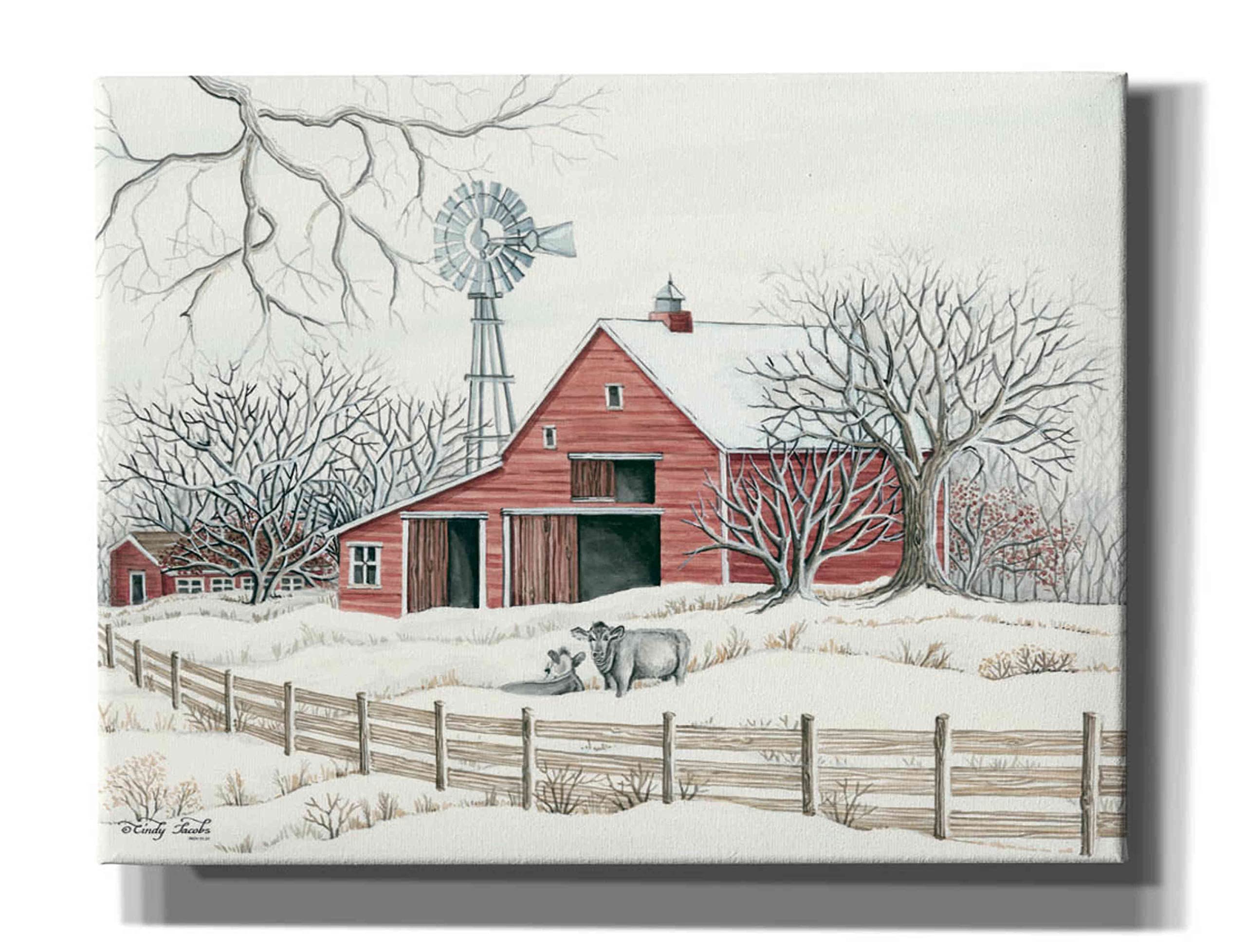 Epic Graffiti 'Winter Barn with Windmill' by Cindy Jacobs - 34x26 Inch Canvas Wall Art Painting for Living Room, Bedroom & Office Decor