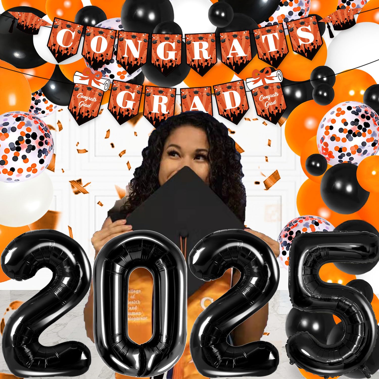 2025 Graduation Party Decorations Kit - Orange & Black Balloon Garland Arch, Mylar Foil Fringe Curtain - High School & College Graduation Party Supplies for Class of 2025 | Perfect for Graduation Ceremony, Photo Backdrops & Celebration Decor