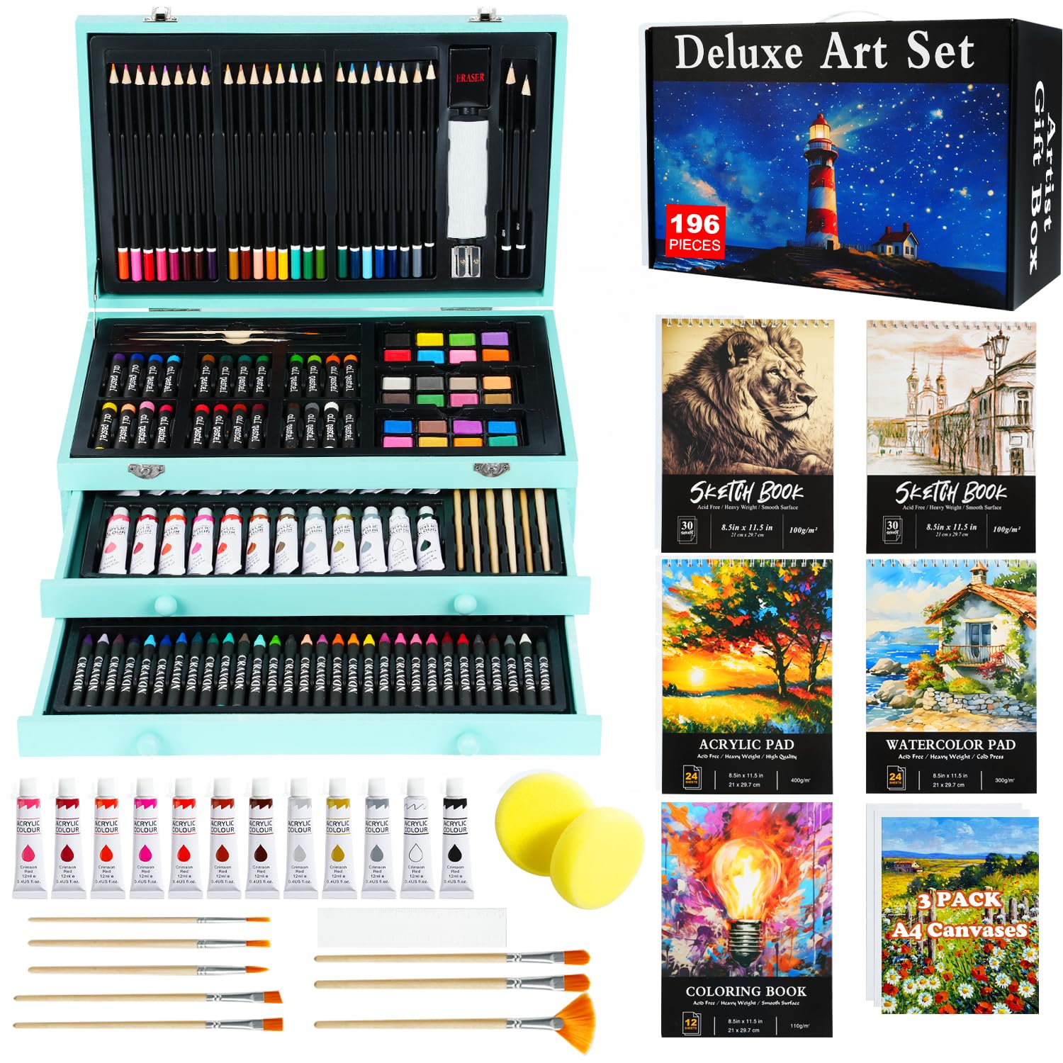 196-Piece Deluxe Art Kit with Acrylic Paints, Oil Pastels, Crayons & Colored Pencils - Includes 5 Drawing Pads, Canvases & Wooden Storage Box - Perfect Gift for Kids, Teens & Adult Beginners - Ideal for Home, School & DIY Art Projects