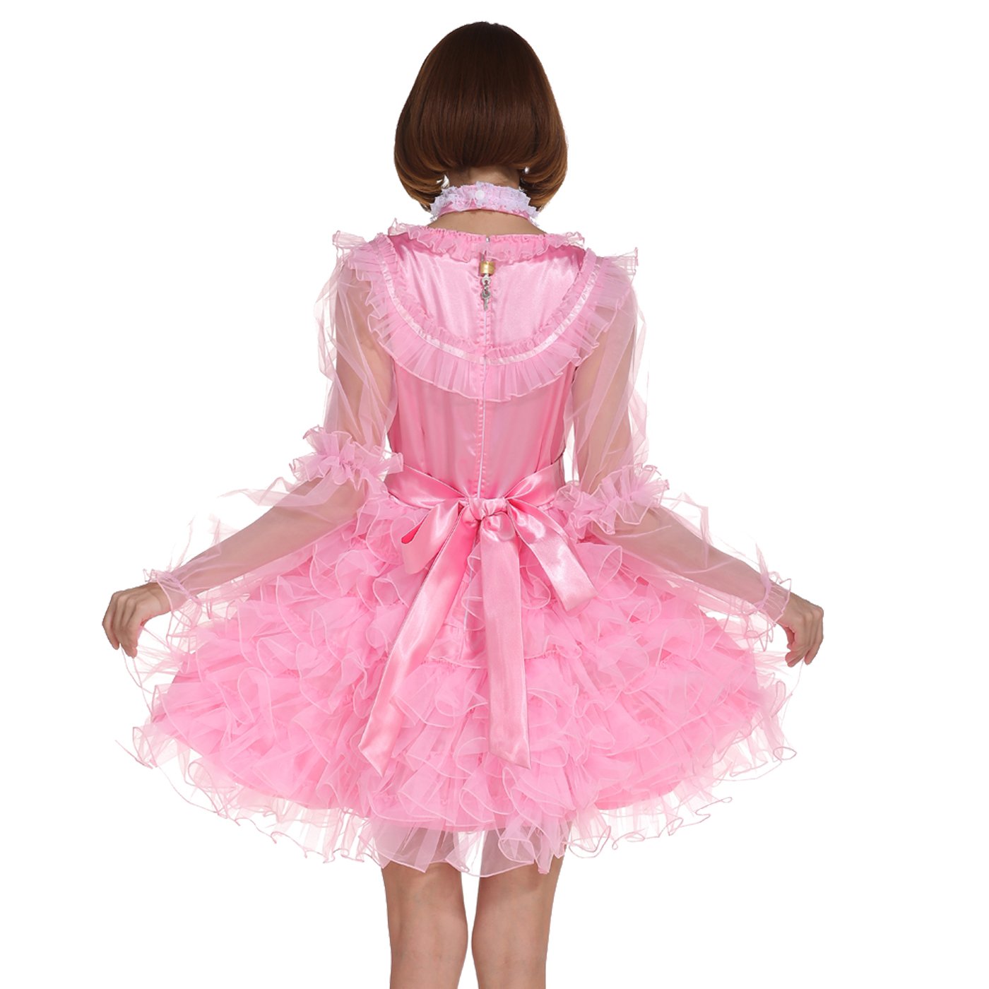 Elegant Long Sleeve Lockable Maid Dress - Puffy Organza Satin Pink Costume for Cosplay, Halloween, Party & Role Play