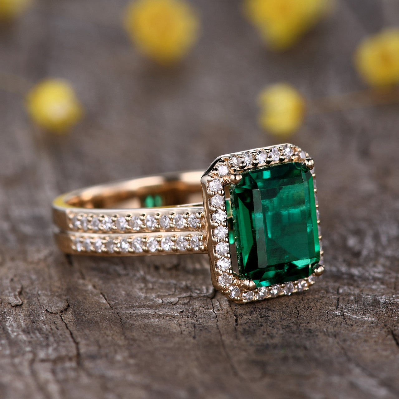 Vintage 3.5 Carat Yellow Gold Diamond Halo Emerald Engagement Ring with 4mm Wedding Band - Perfect for Proposals, Anniversaries & Bridal Jewelry Sets