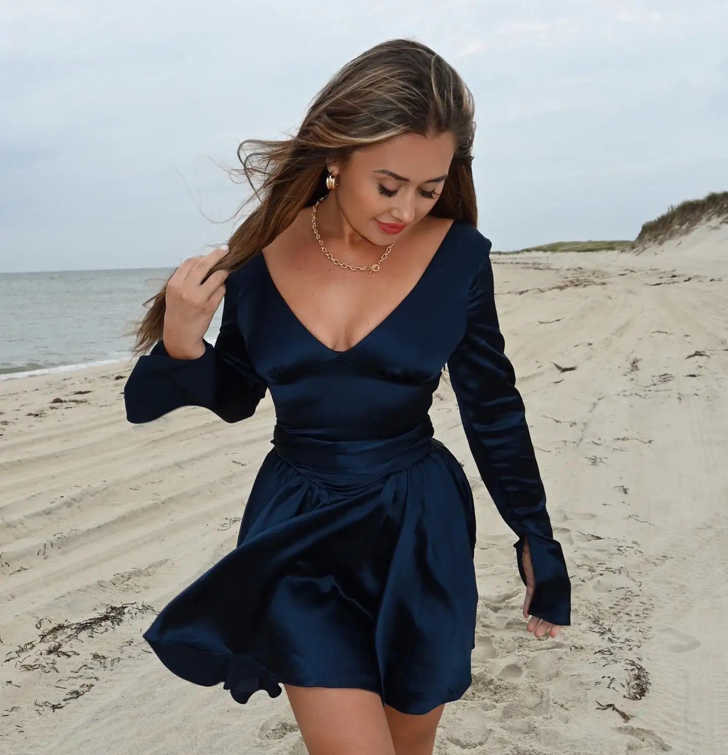 Women's Navy Blue Long Sleeve V-Neck A-Line Mini Dress with Belt | Fall Winter Casual Dress for Work, Date Night & Holiday Parties
