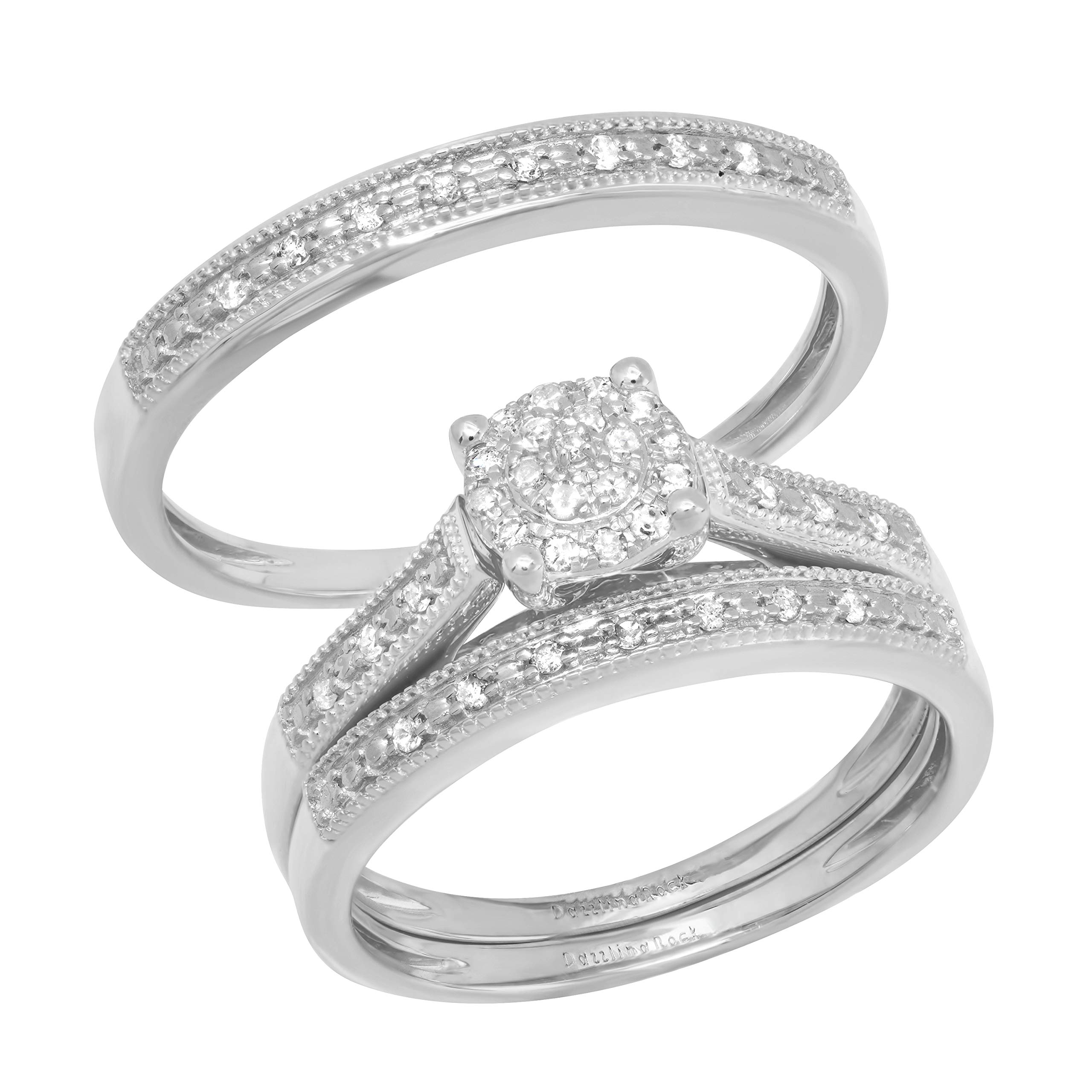 0.25 Carat Round White Diamond Cluster Ring Set for Men & Women - 14K Solid White Gold Wedding, Engagement & Anniversary Jewelry Gift