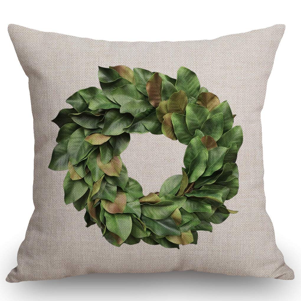 SSOIU Magnolia Leaves Wreath Throw Pillow Covers 18x18 Inches - Farmhouse Decorative Square Pillow Covers for Living Room, Bedroom & Porch Decor - Rustic Home Accents