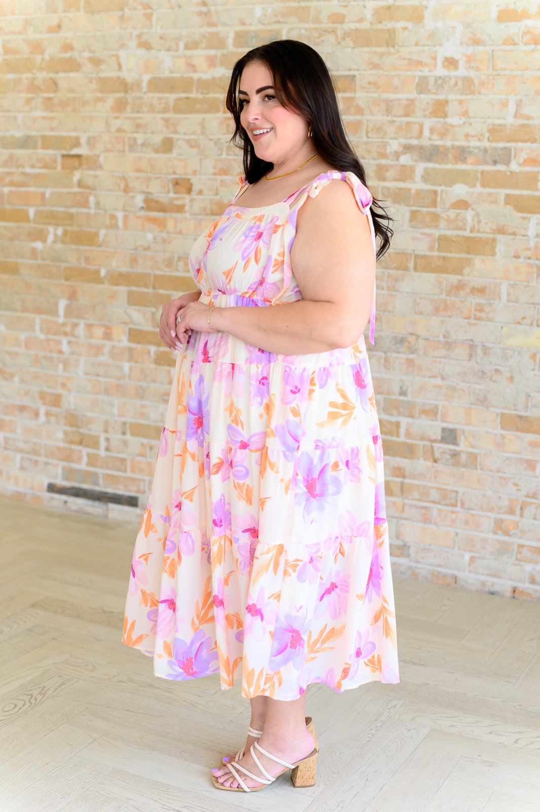 Pastel Floral Midi Dress for Women - Soft Pink Flowy Summer Dress with Ruffles, Casual Boho Chic Dress for Beach, Wedding & Date Night