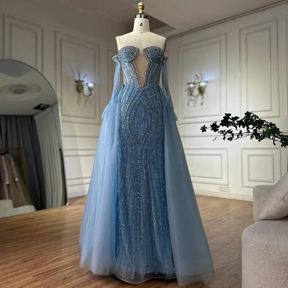 Luxury Dubai Arabia Blue Mermaid Evening Dress with Gloves & Overskirt - Formal Gown for Prom, Wedding, Red Carpet Events | Elegant Women's Party Dress LA72582