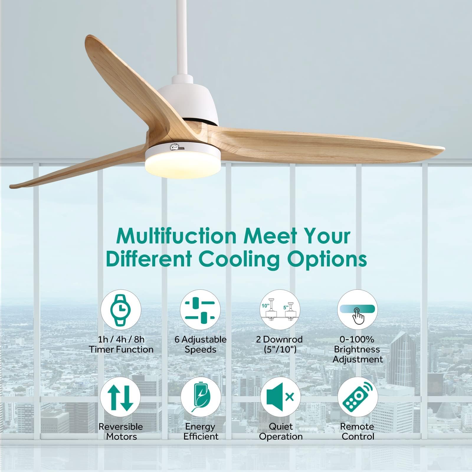 56 Inch Wood Ceiling Fan with Light & Remote Control - 6-Speed Quiet Energy Saving Indoor Ceiling Fan, 3-Blade Light Wood Grain Design - Perfect for Living Room, Bedroom & Office