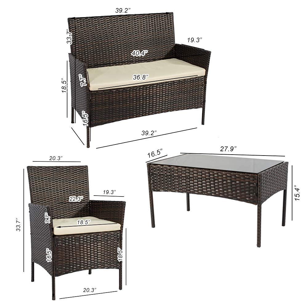 4-Piece Outdoor Rattan Wicker Patio Furniture Set with Tempered Glass Table - Brown Rattan Sofa and Chairs for Backyard, Poolside, Garden, and Patio Conversation Areas