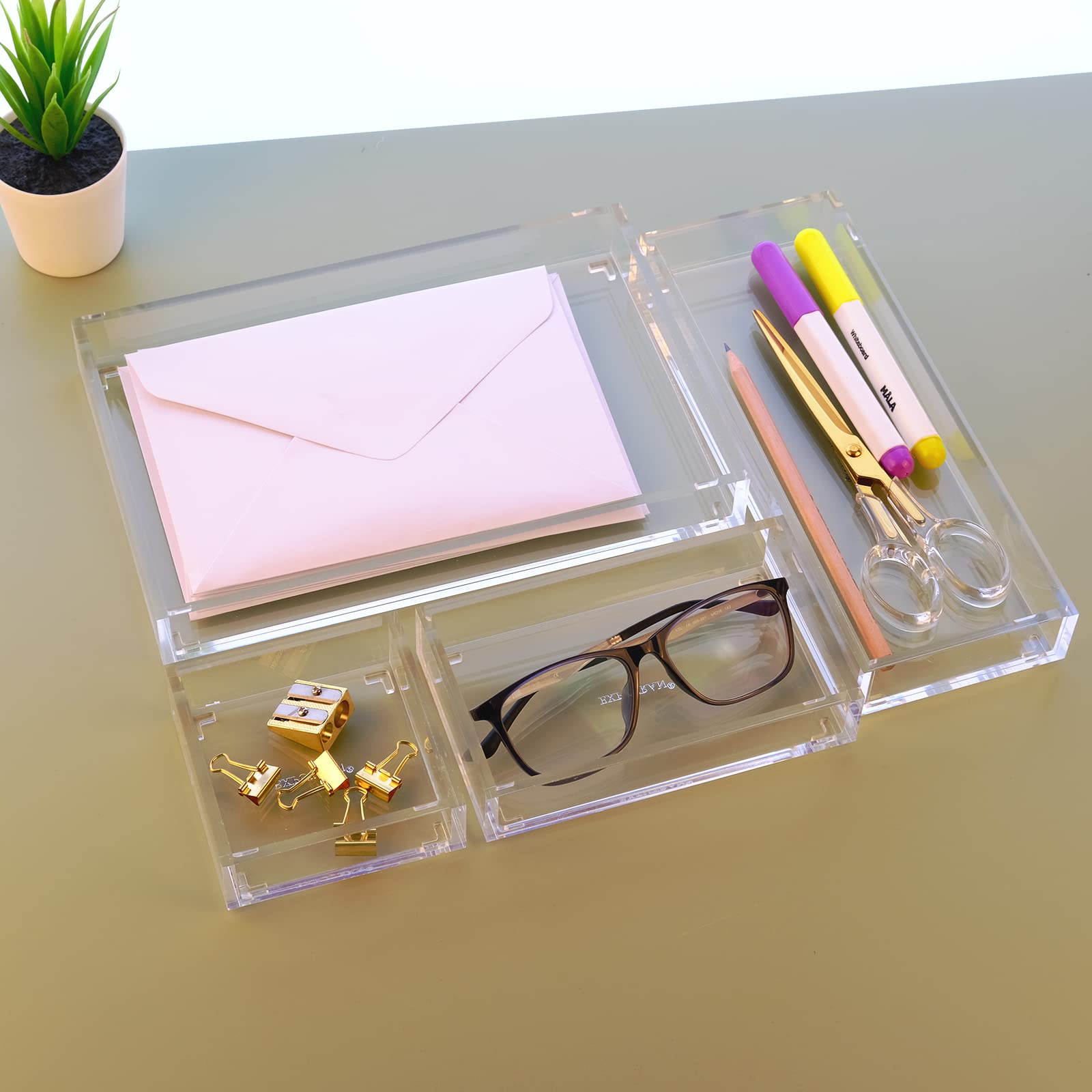 Clear Acrylic Desk Organizer 4-Pack - Stackable Drawer Dividers for Office, Home & Makeup Vanity | Small Tray & Half Accessory Tray for Jewelry, Stationery & Cosmetics Storage | Perfect for Workspace Organization & Beauty Essentials