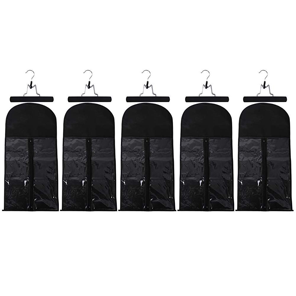 5pcs Wig Storage Bags with Wooden Hangers - Dustproof Hair Extensions Organizer for Beauty Salon, Daily Use & Travel - Black Wig Bags & Hangers for Curly, Straight & Wavy Wigs