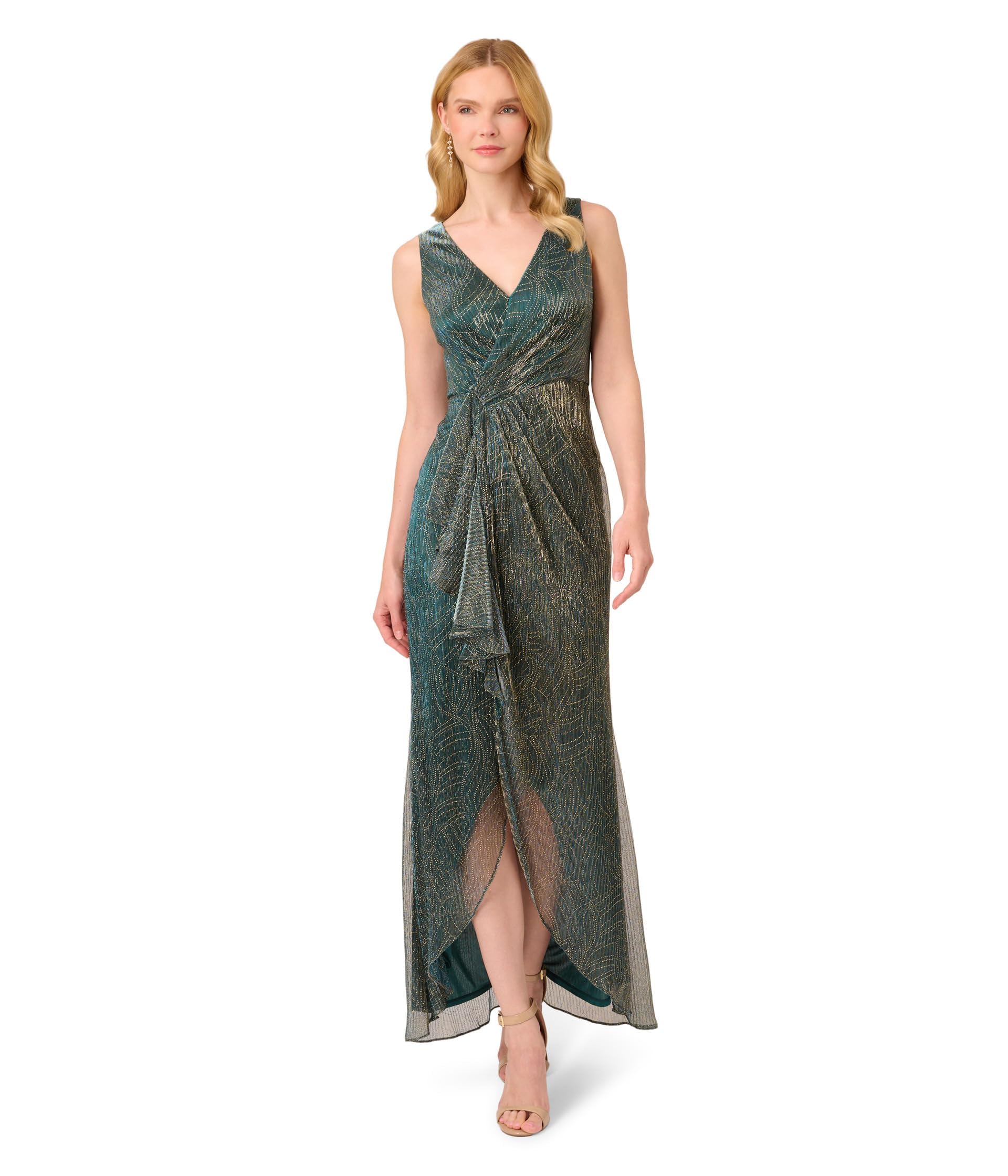 Adrianna Papell Women's Metallic Mesh Cascade Gown - Elegant Formal Evening Dress for Prom, Wedding & Special Occasions