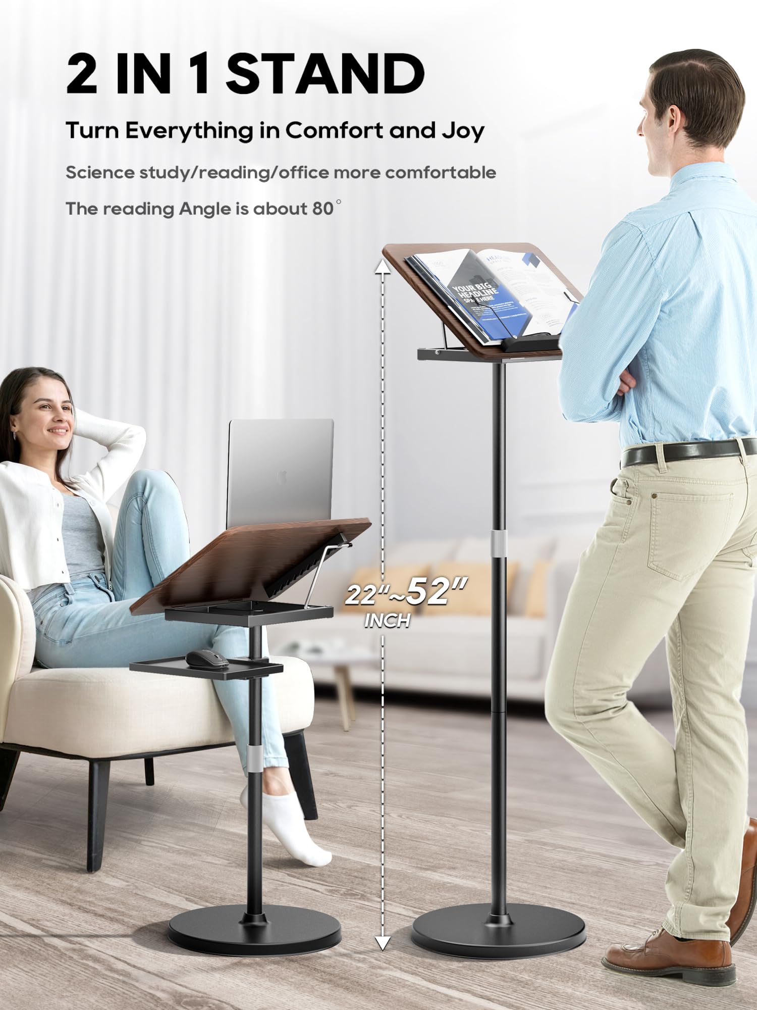 2 in 1 Adjustable Book Stand - Dual-Use Floor & Desktop Book Holder for Reading, Cooking & Work, Height Adjustable 23.5-52 inches, Elastic Page Clips for Music Sheets, Recipes, Tablets & Laptops - Black | Perfect for Home Office, Kitchen & Music Practice