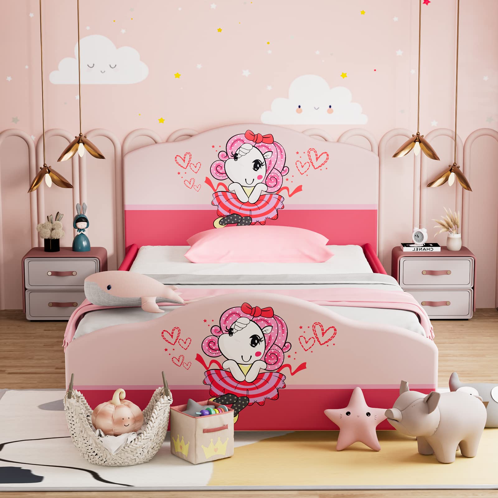 HONEY JOY Twin Bed Frame for Kids - Sturdy Wooden Platform Bed with Headboard & Slat Support, No Box Spring Needed - Perfect for Boys & Girls Bedrooms - Fits Standard Twin Mattress - Ideal for Toddler Rooms, Sleepovers & Kids' Bedroom Decor