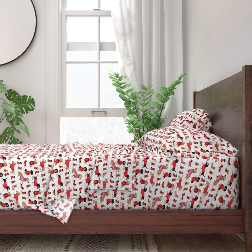 **Spoonflower 100% Cotton Twin Sheet Set, 3-Piece Dachshund Christmas Dog Sweater Cartoon Knit Holiday Winter Print Custom Bedding - Cozy & Festive Home Decor for Pet Lovers**