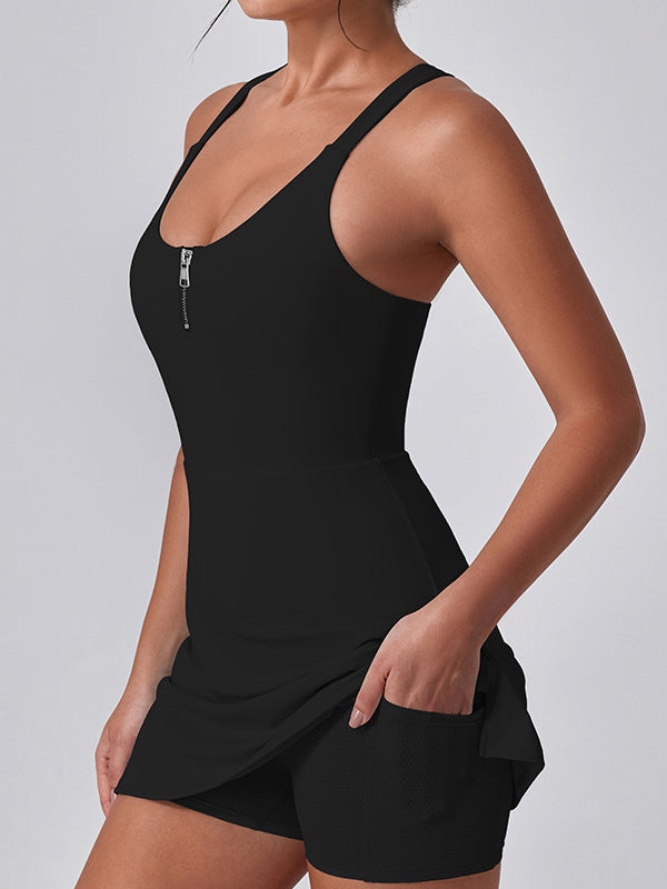 ZASUWA Women's Quick Dry Cross Back Dress with U Collar & I-Shaped Zipper - Perfect for Gym, Yoga, Running & Summer Outdoor Activities