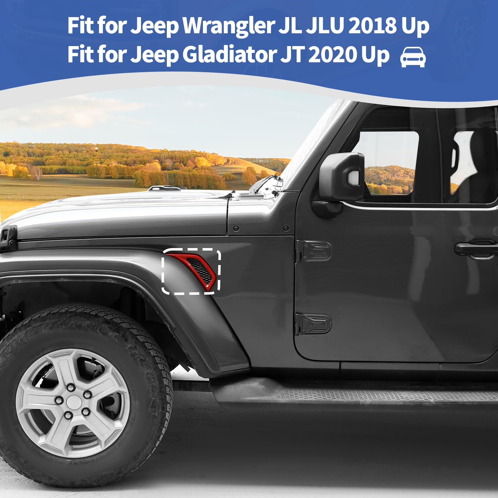 RT-TCZ Side Fender Vent Decal Trim Cover for Jeep Wrangler JL JLU & Gladiator JT (2018-2024) - Red Exterior Accessories (2-Piece Set) - Enhance Off-Road Style & Protection