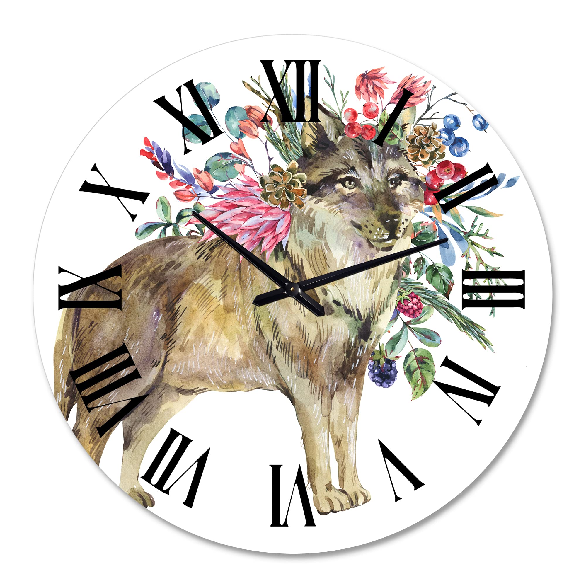 Farmhouse Wall Clock with Wolf and Woodland Flowers Design - Large Rustic Animal Wall Clock for Living Room, Bedroom, or Office Decor - Perfect for Cabin, Lodge, and Nature-Themed Home Interiors