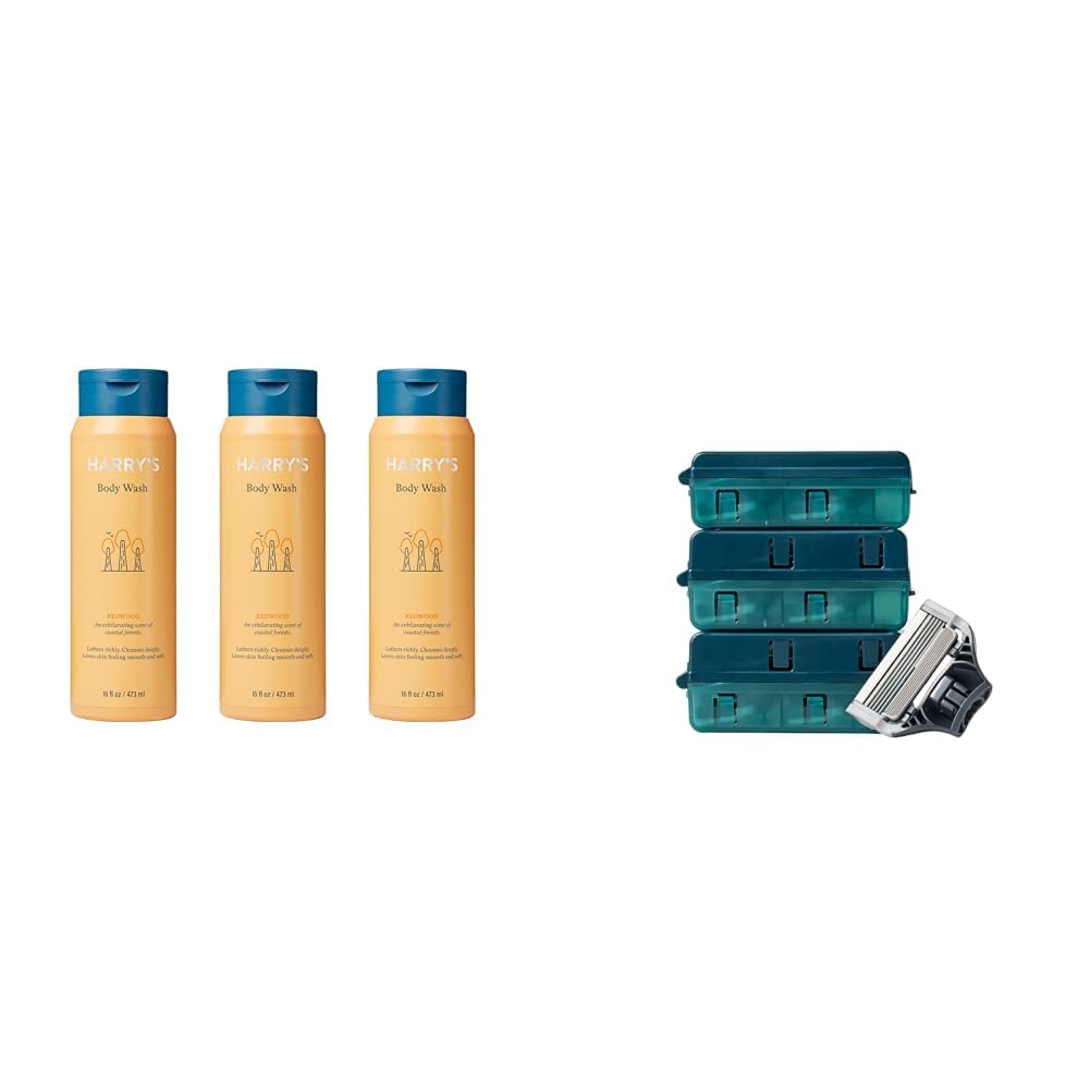 Harry's Men's Body Wash & Razor Blades Set - Redwood Scented Shower Gel (16 Fl Oz, Pack of 3) + 10 Razor Blade Refills for Men - Perfect for Travel & Daily Grooming Routine