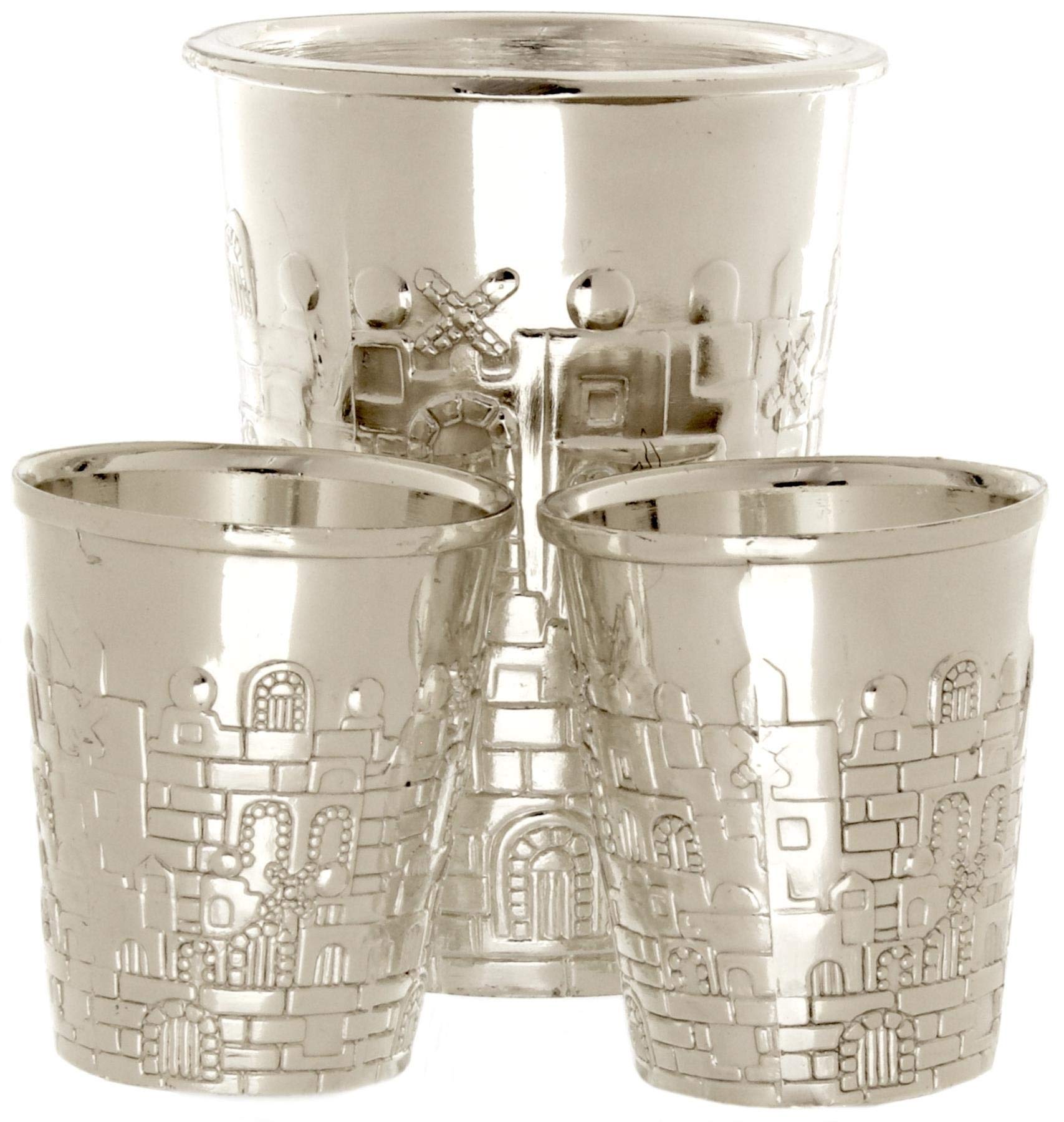Silver Kiddush Wine Fountain with 6 Cups - Elegant Jerusalem Design (21cm) for Jewish Holidays & Shabbat Celebrations