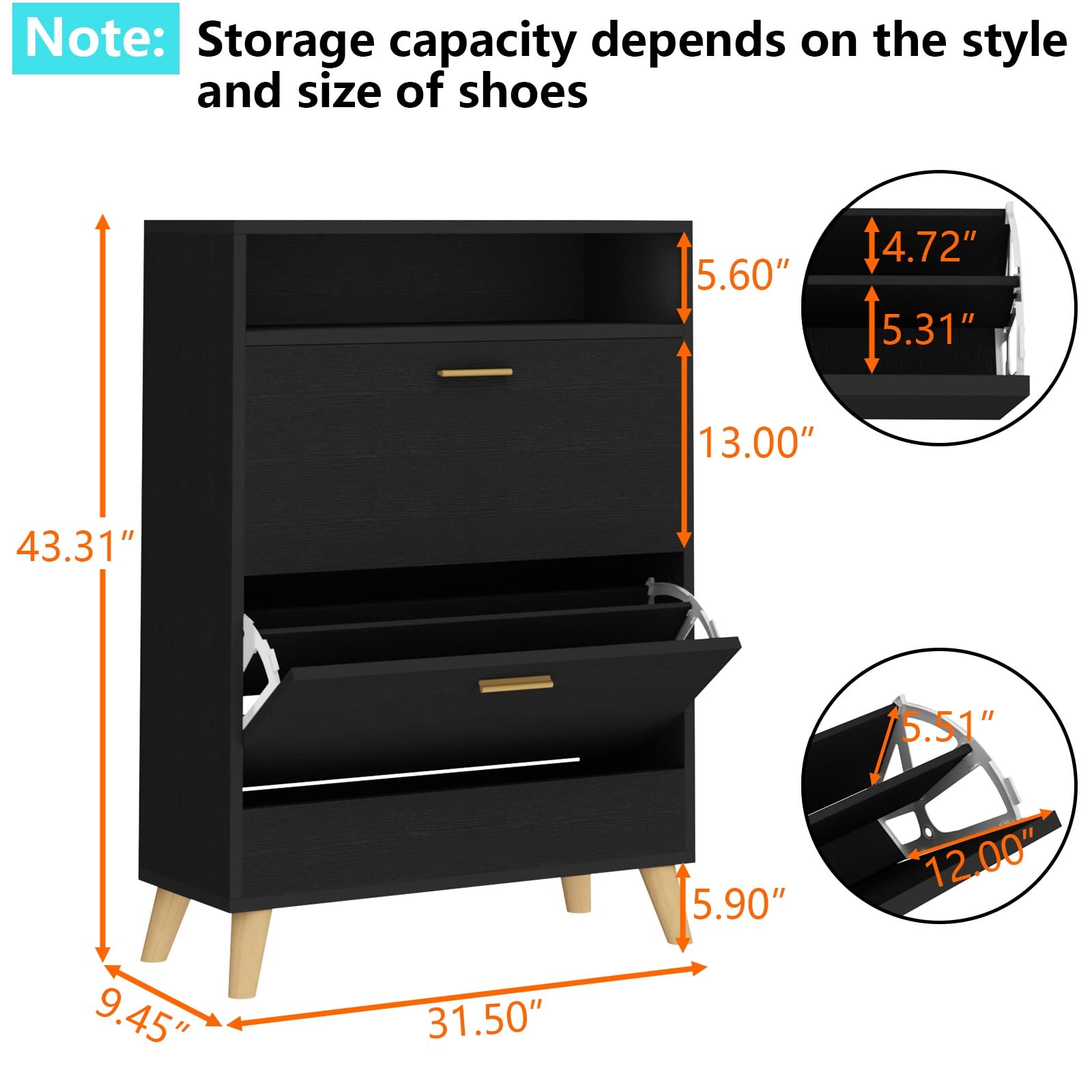 16-Pair Shoe Storage Cabinet with 2 Flip Drawers - 3-Tier Free Standing Shoe Organizer for Entryway, Narrow Hidden Shoe Rack with Doors (Dark Black) - Perfect for Small Spaces, Closet Organization & Entryway Storage