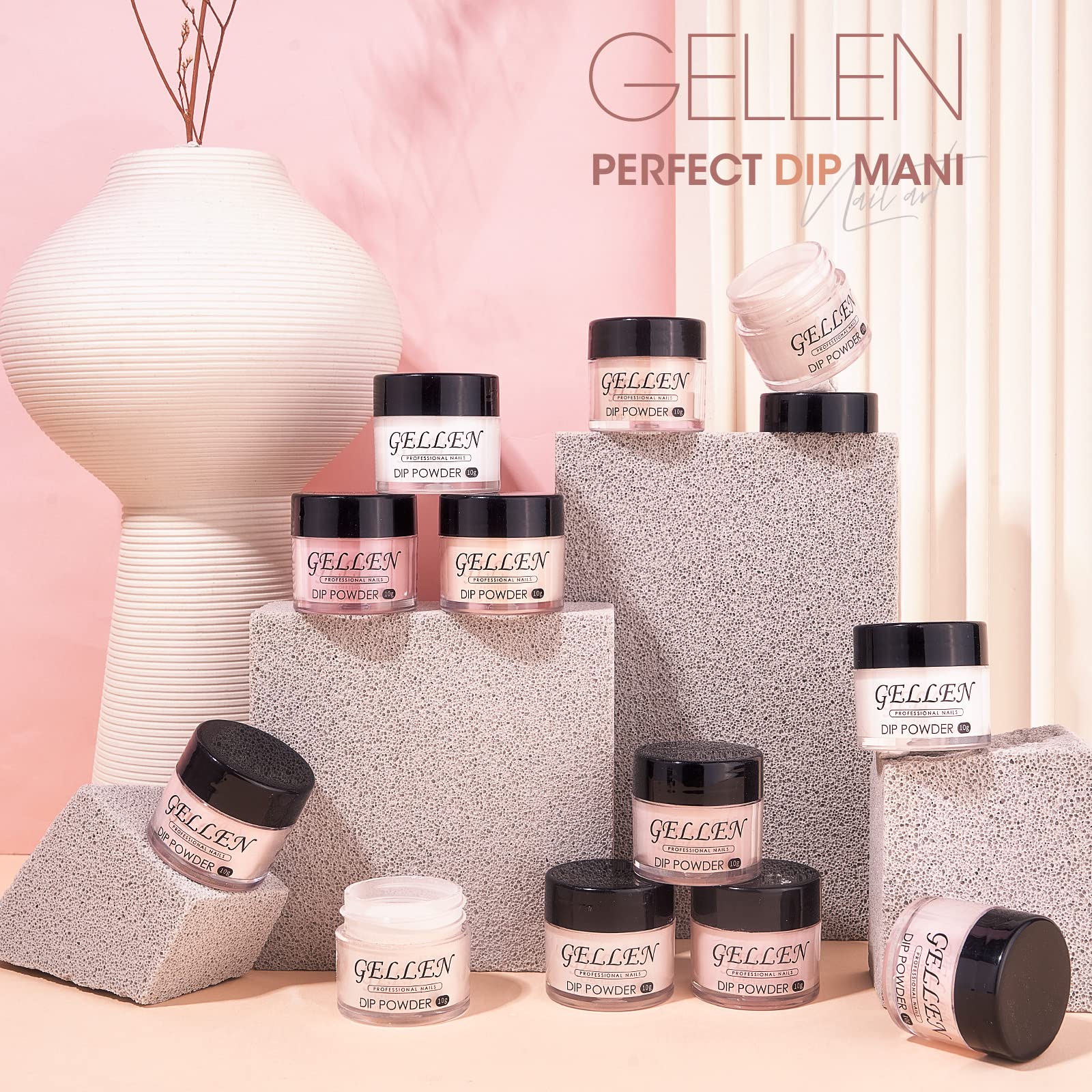 Gellen 12 Colors Nude Dip Powder Kit - Long Lasting, Quick Drying Glossy Nail Powder Set for French Manicure | Salon & DIY Nail Art at Home