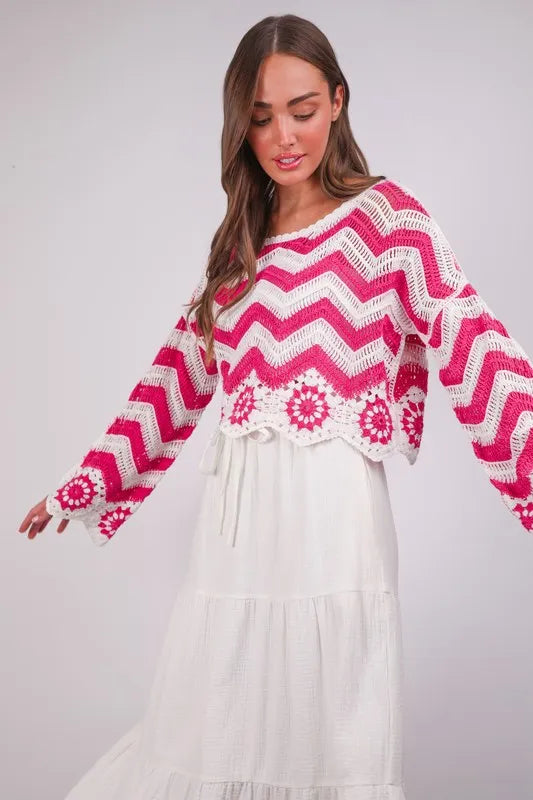 Floral Crochet Knit Top for Women - Boho Summer Blouse, Beach Cover Up, Music Festival Outfit