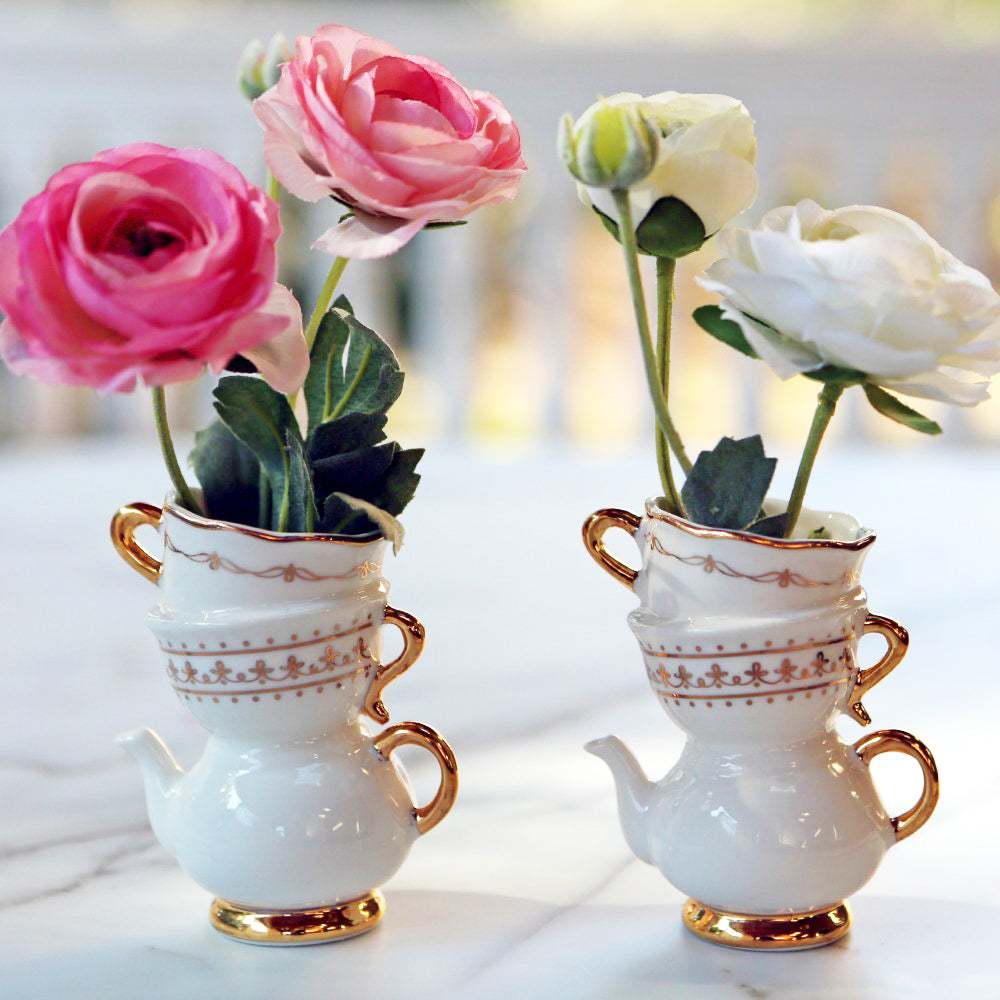 Whimsical Ceramic Bud Vase Set of 2 - Small Floral Vases for Tea Time Decor, Table Centerpiece & Wedding Favors - Perfect for Home, Office & Gift Giving