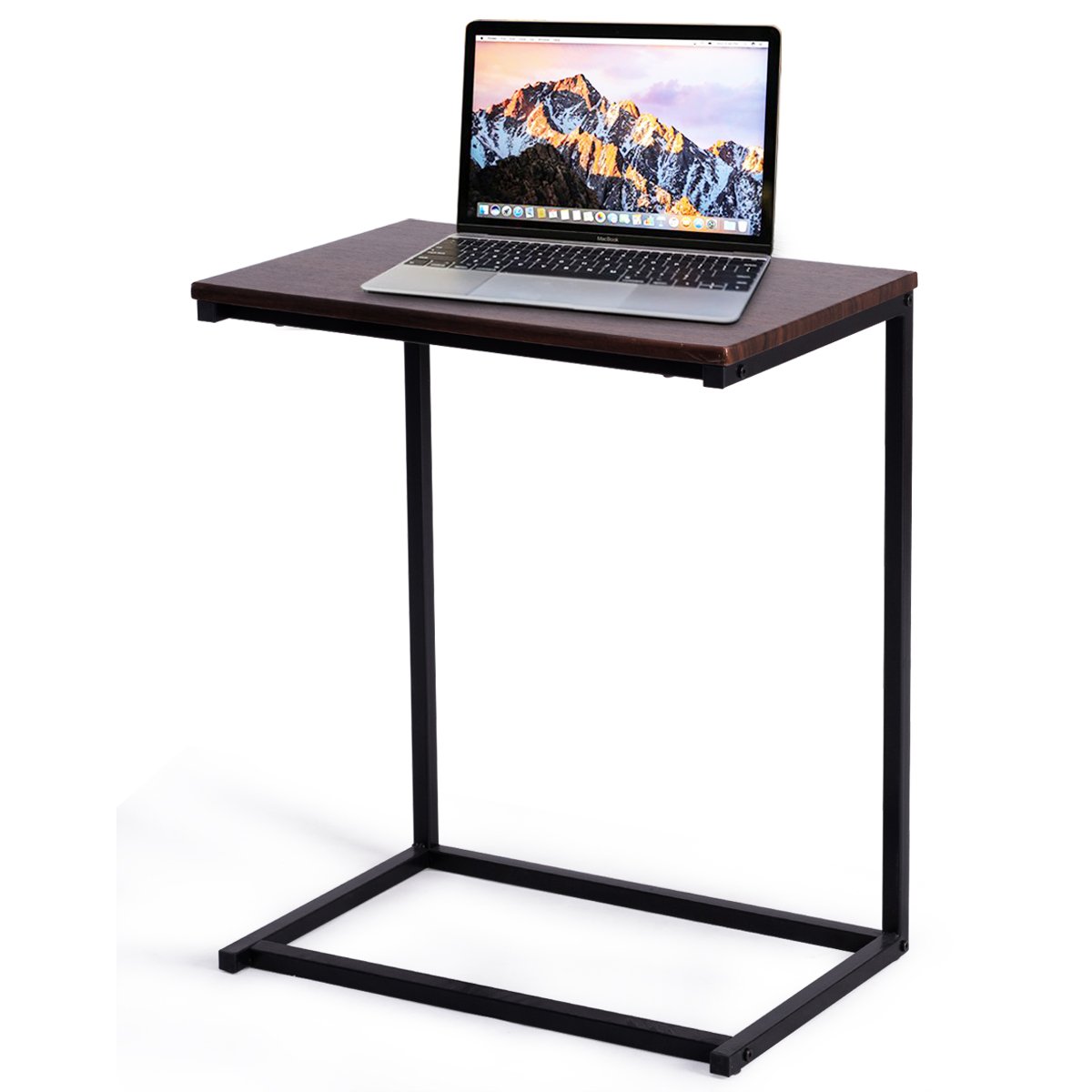 Tangkula Brown Sofa Side Table - Portable End Table with Laptop Holder, Coffee Tray & Workstation - Perfect for Living Room, Bedroom, Office & Small Spaces